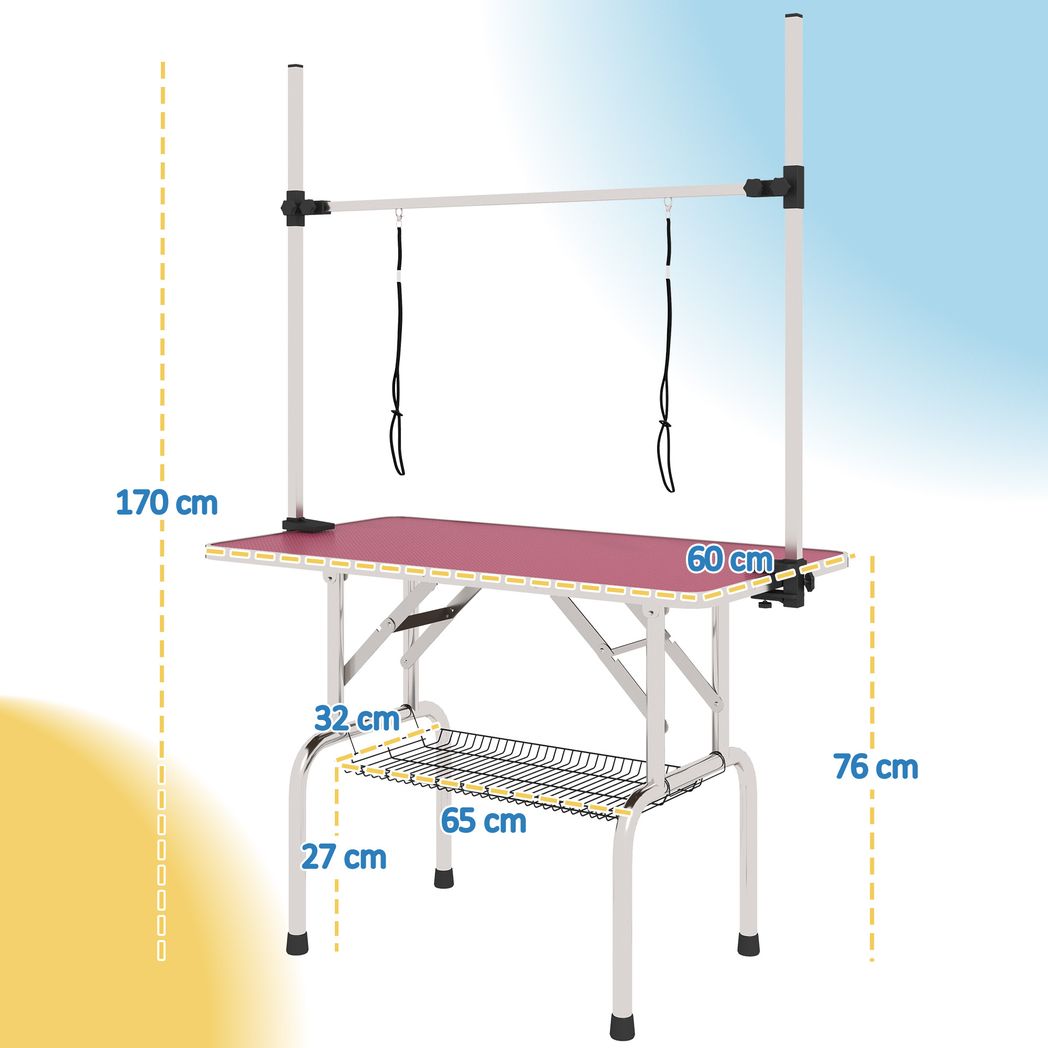 PawHut Metal Adjustable Dog Grooming Table Rubber Top 2 Safety Slings Mesh