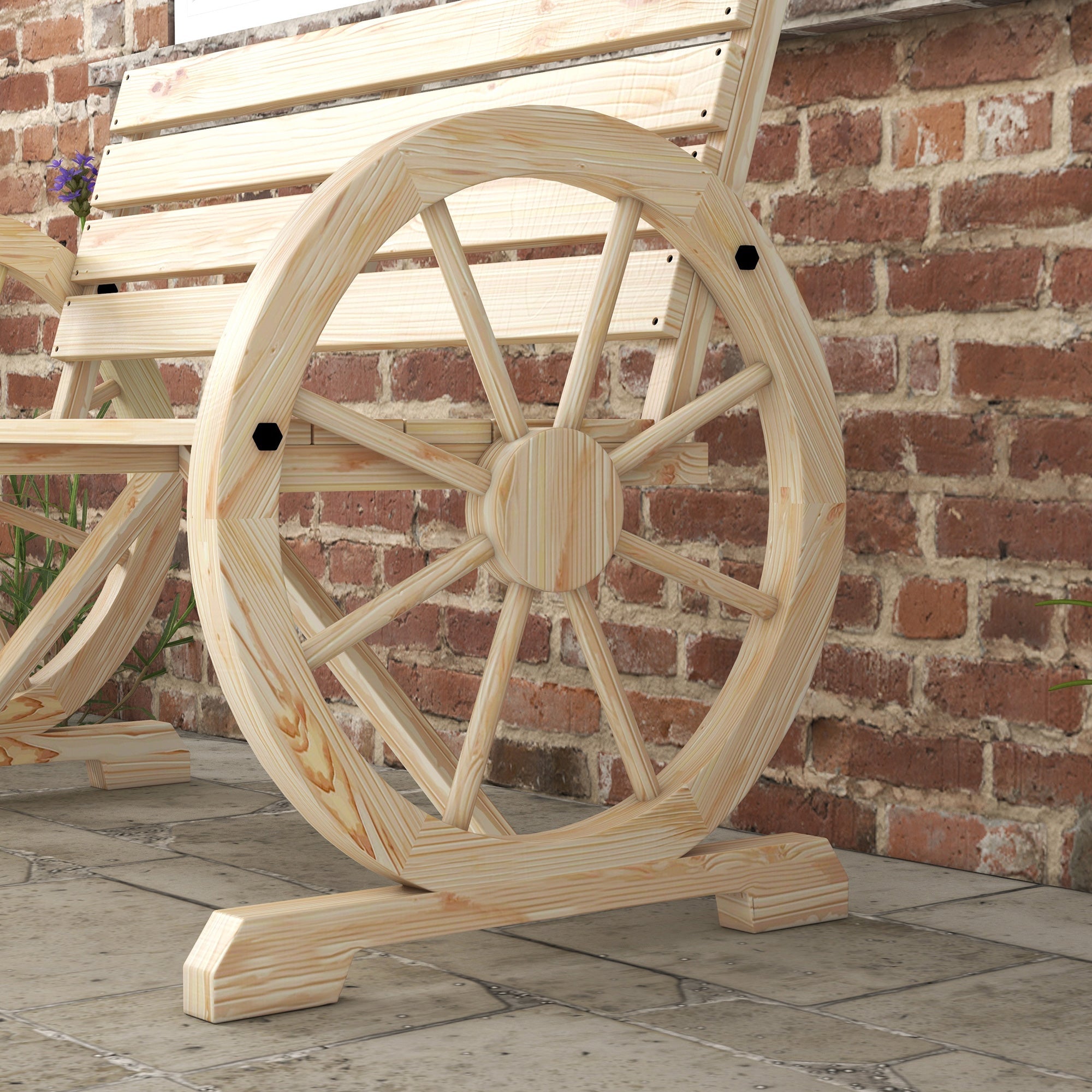 Outsunny 2 Seater Garden Bench w/ Wooden Cart Wagon Wheel Natural