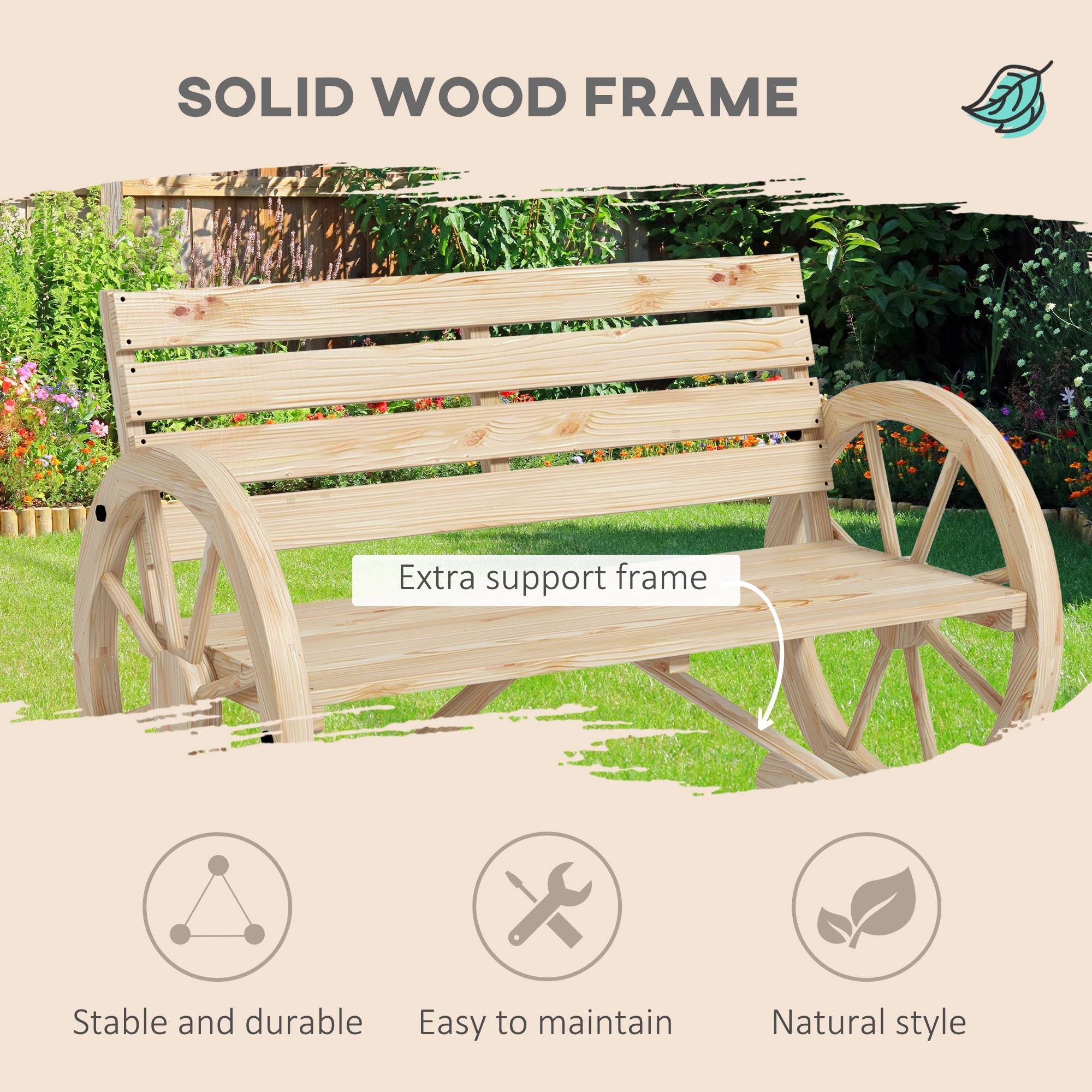 Outsunny 2 Seater Garden Bench w/ Wooden Cart Wagon Wheel Natural