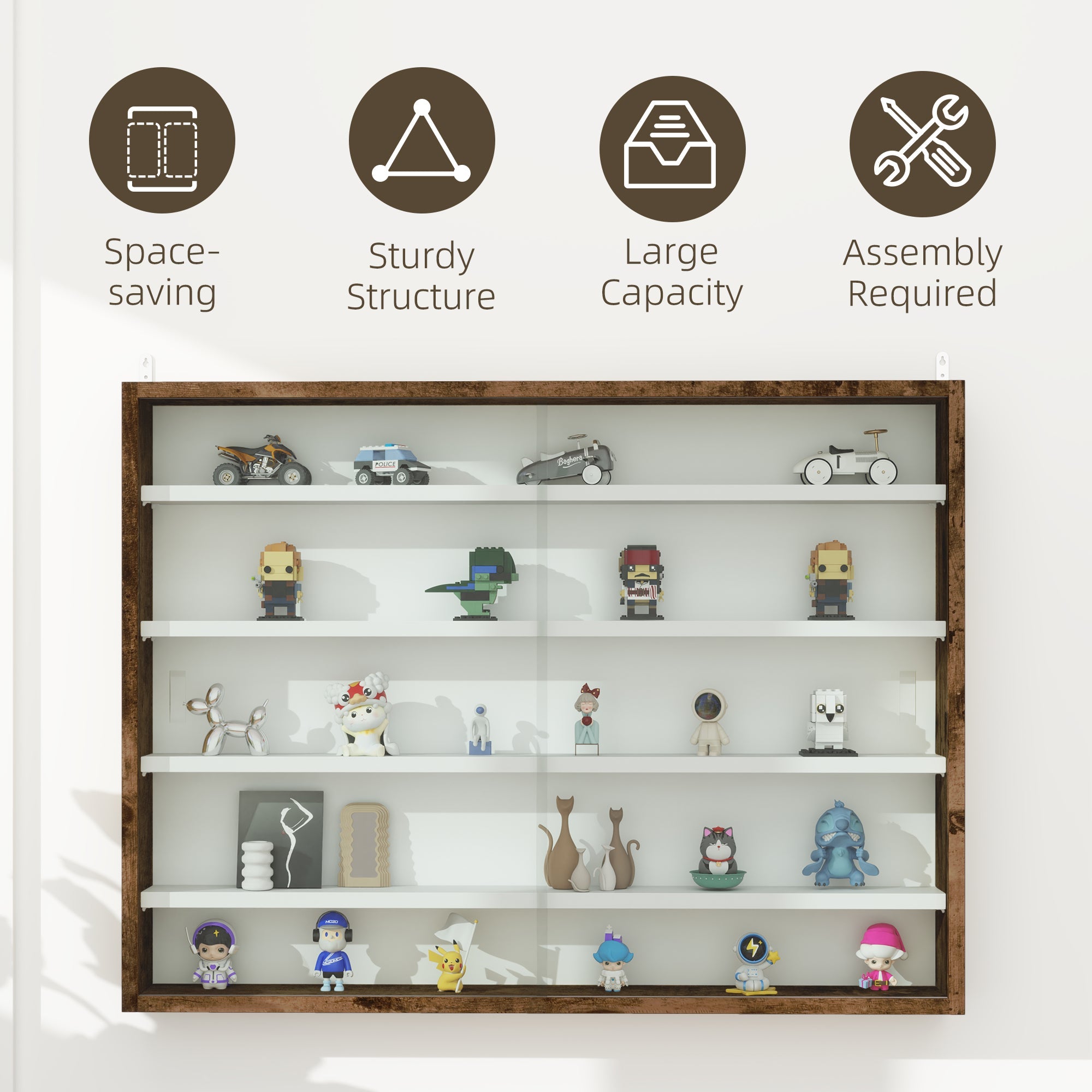 HOMCOM 5-Tier Wall Display Shelf Unit Cabinet w/ Shelves Glass Doors brown