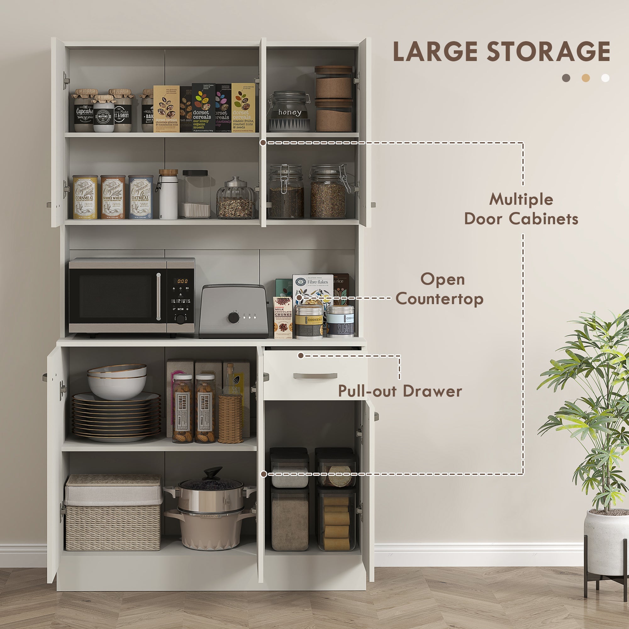 HOMCOM Freestanding Kitchen Cupboard, Storage Cabinet with Doors Cream White