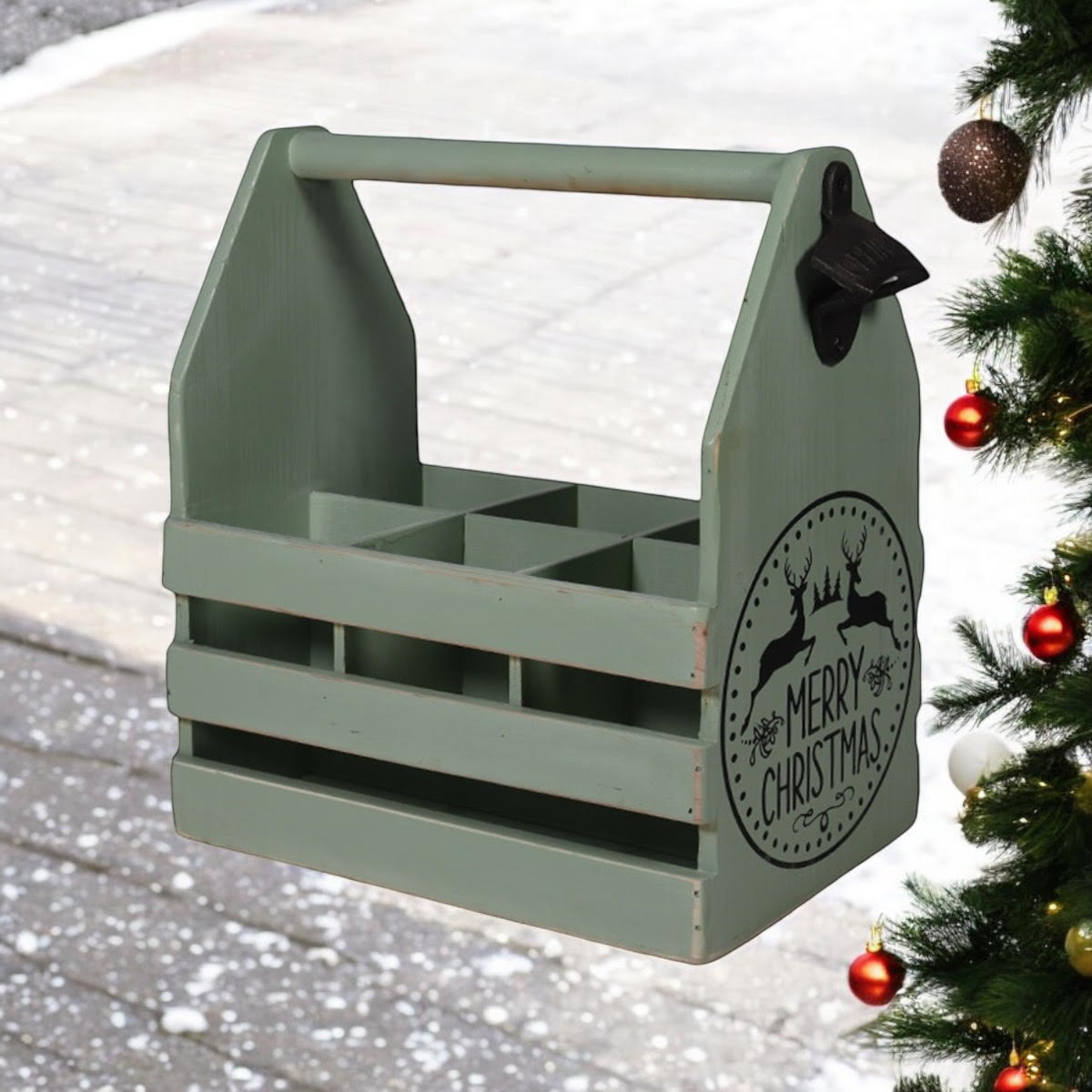 RUSTIC GREEN 6 BOTTLE HOLDER WITH OPENER