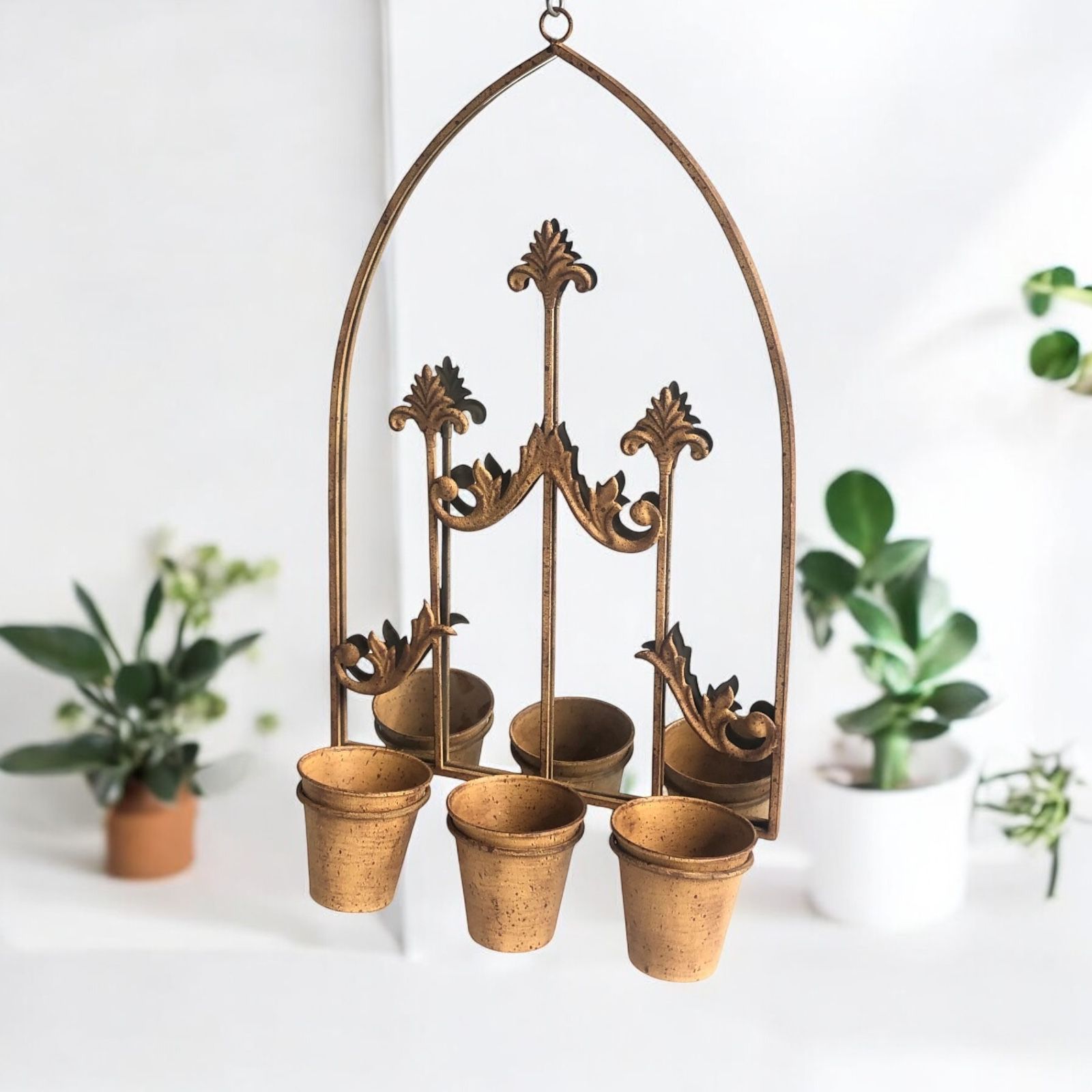 75cm RUSTY WALL MIRROR WITH TRIPLE PLANTER