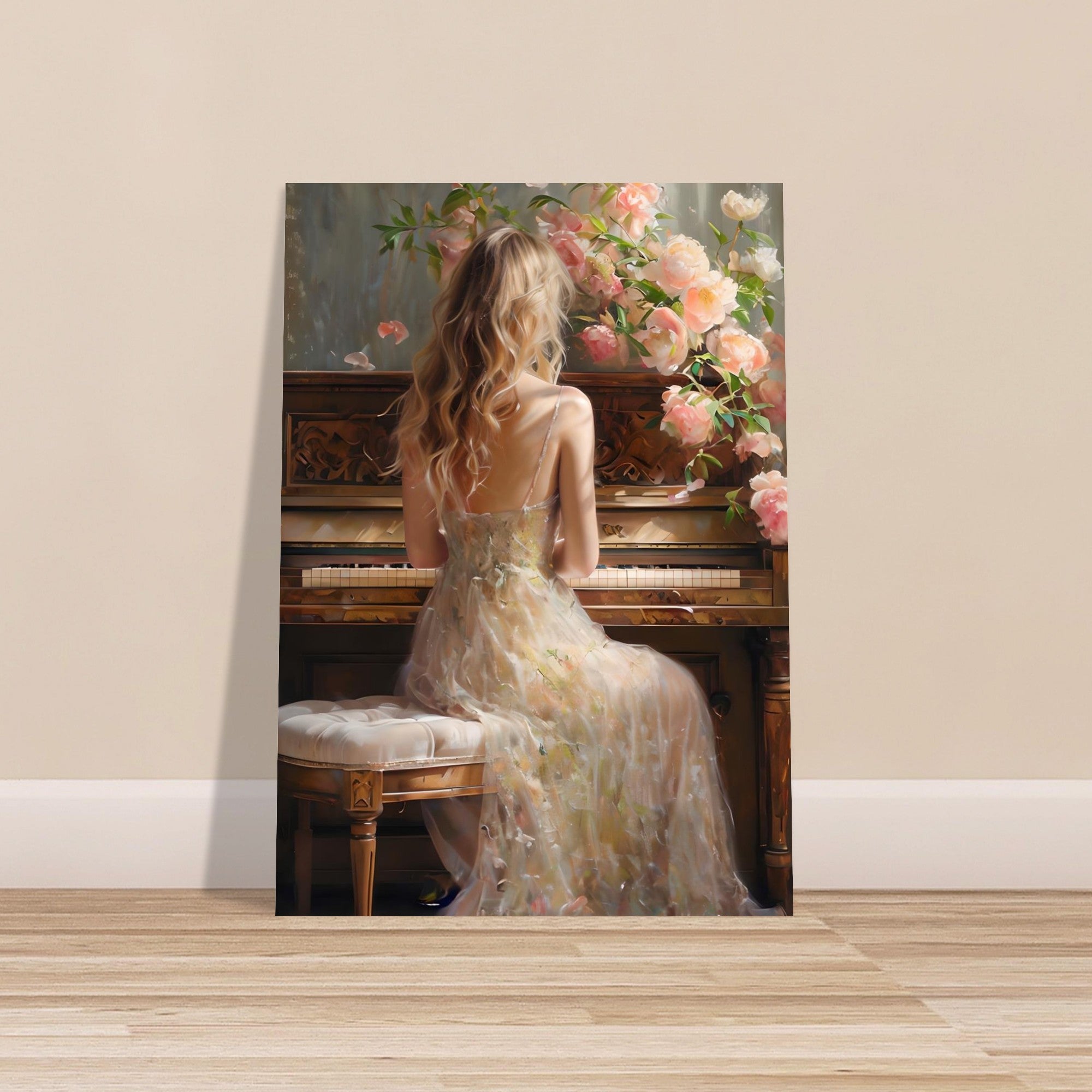 Romantic Piano Poster – Vintage Art Print of Woman with Flowers