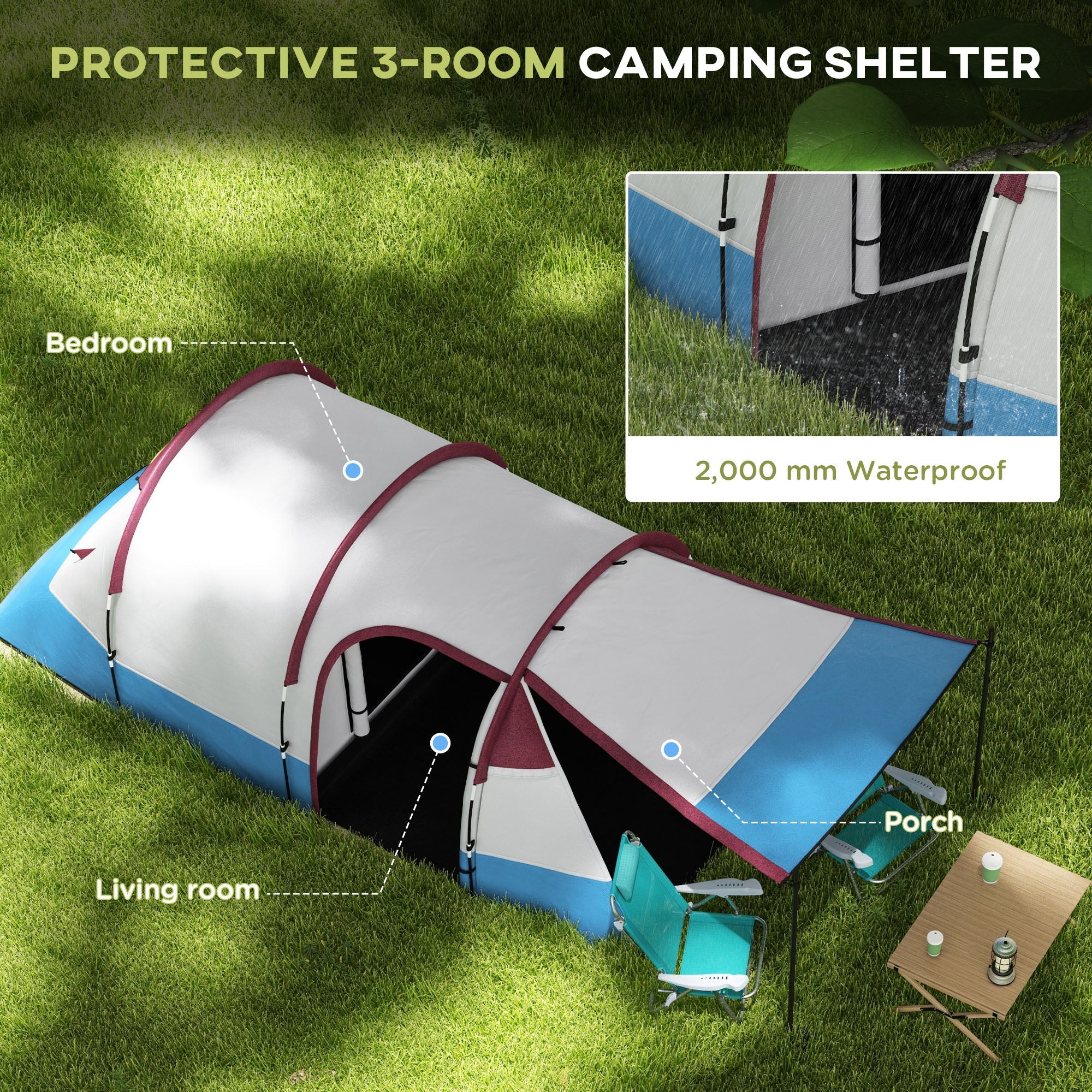 Outsunny 2-3 Man Camping Tunnel Tent with Bedroom and Living Room, Red