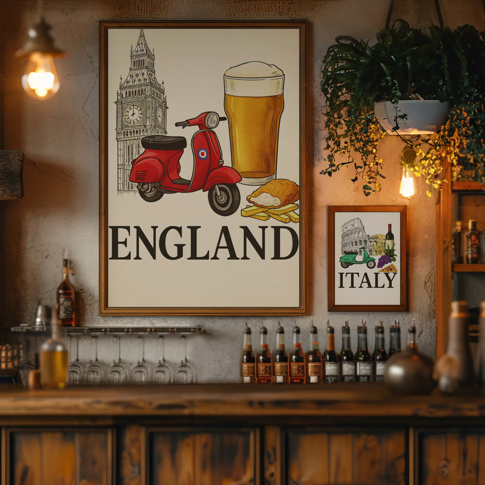 Classic England Poster - Vespa, Big Ben & Beer - British Retro Decor