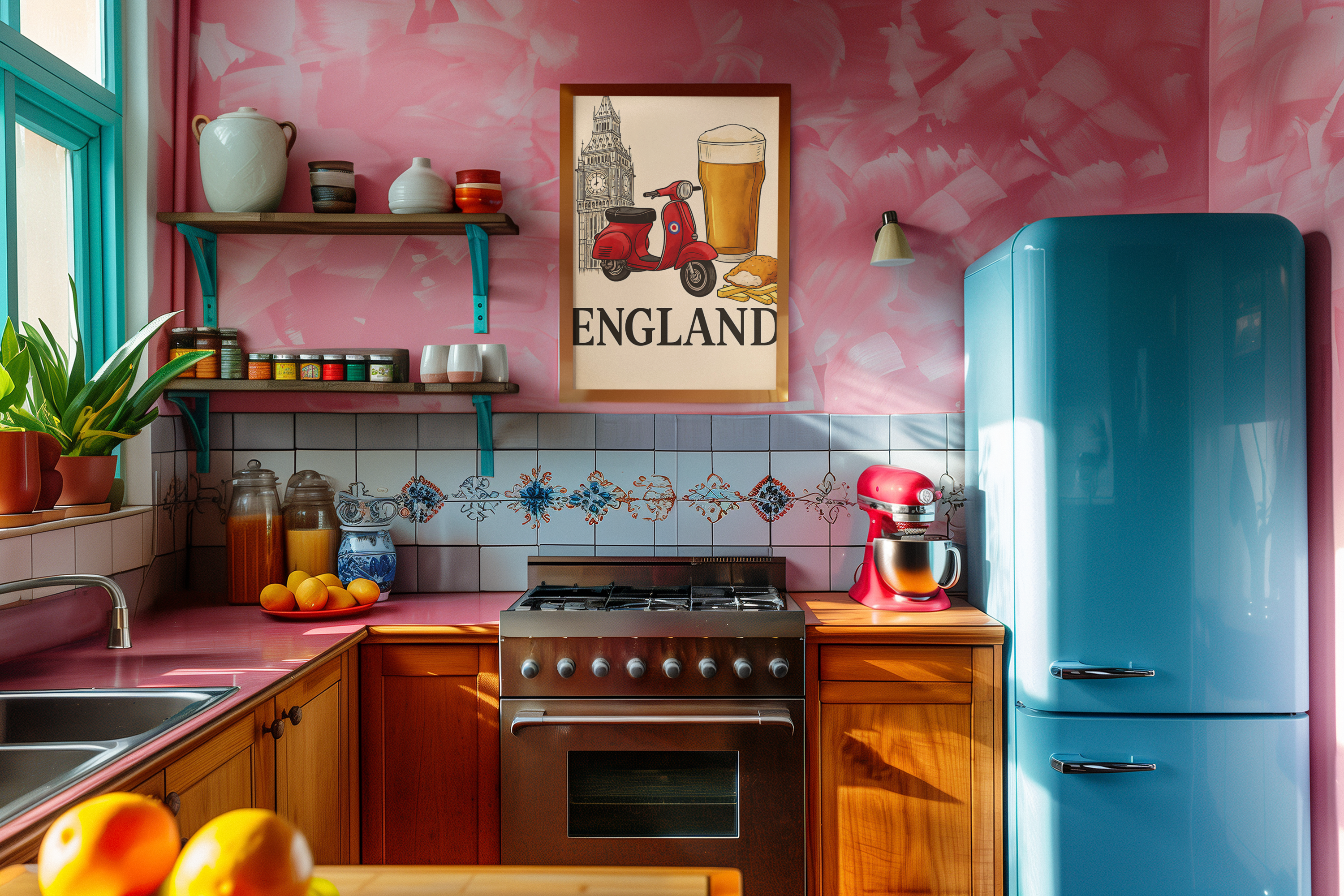Classic England Poster - Vespa, Big Ben & Beer - British Retro Decor