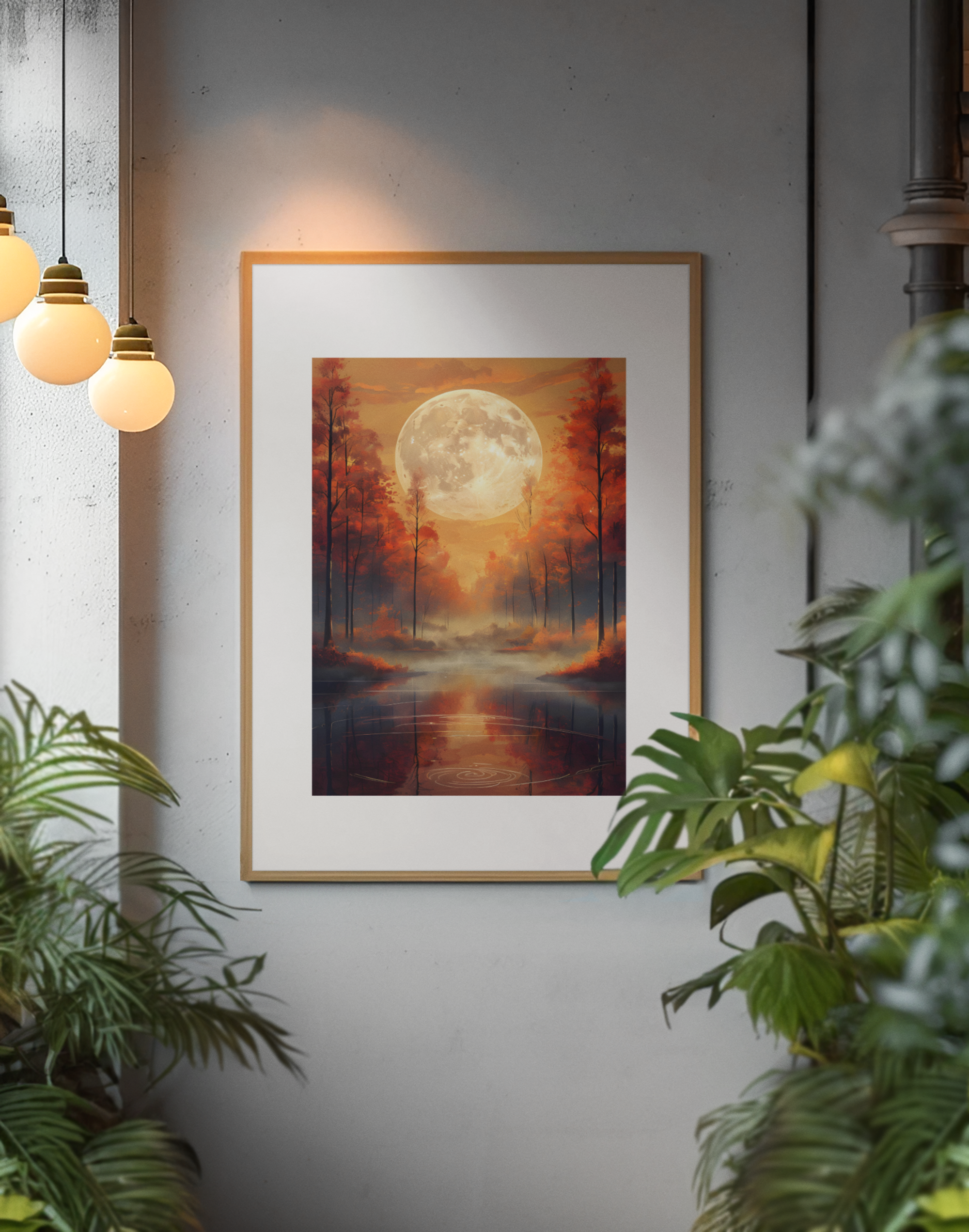 Experience the tranquility of nature with our "Serene Autumn Landscape with Luminous Full Moon" Art Poster