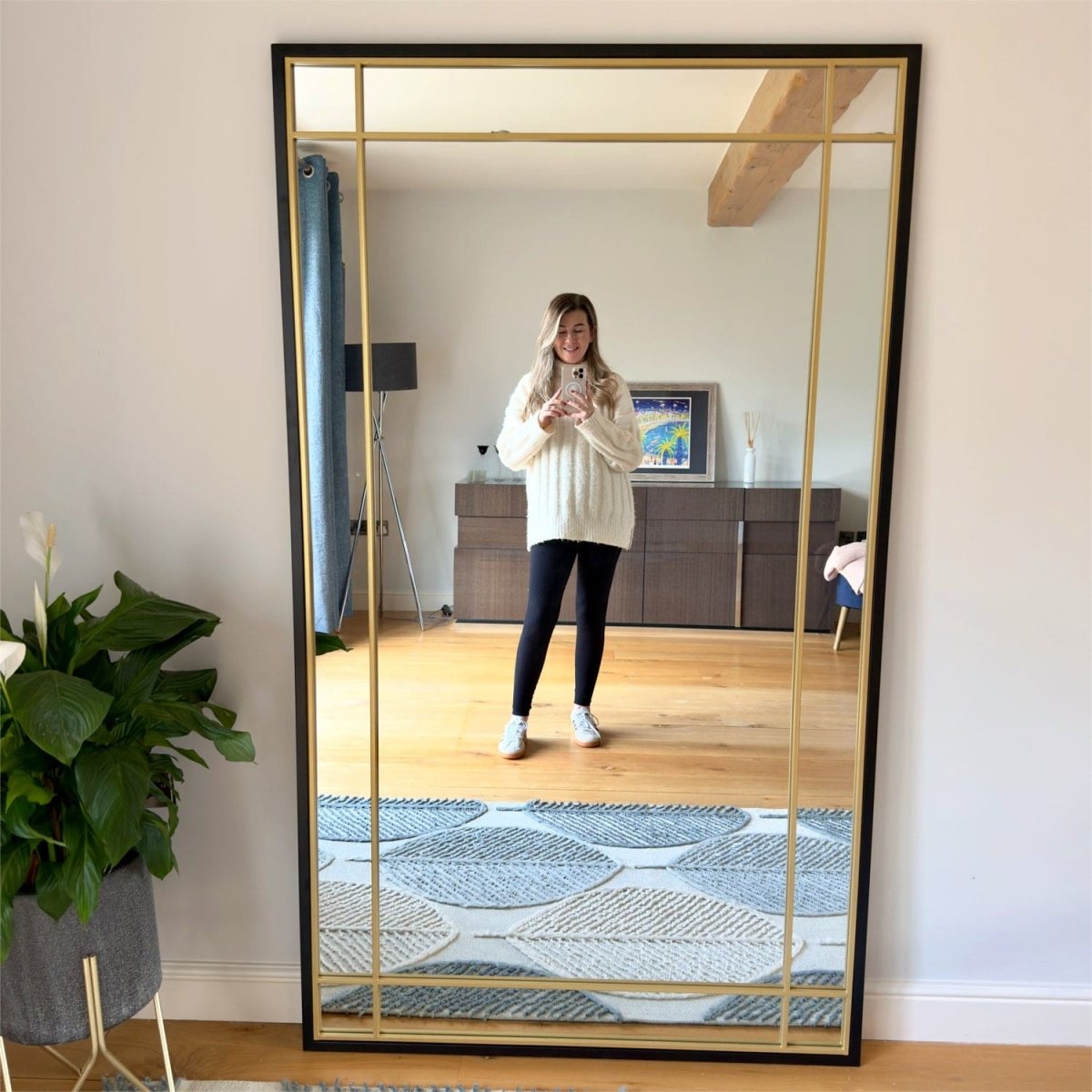 Aimi - Full Length Black & Gold Metal Rectangle Window Mirror - 180cm x 105cm. - Zestio