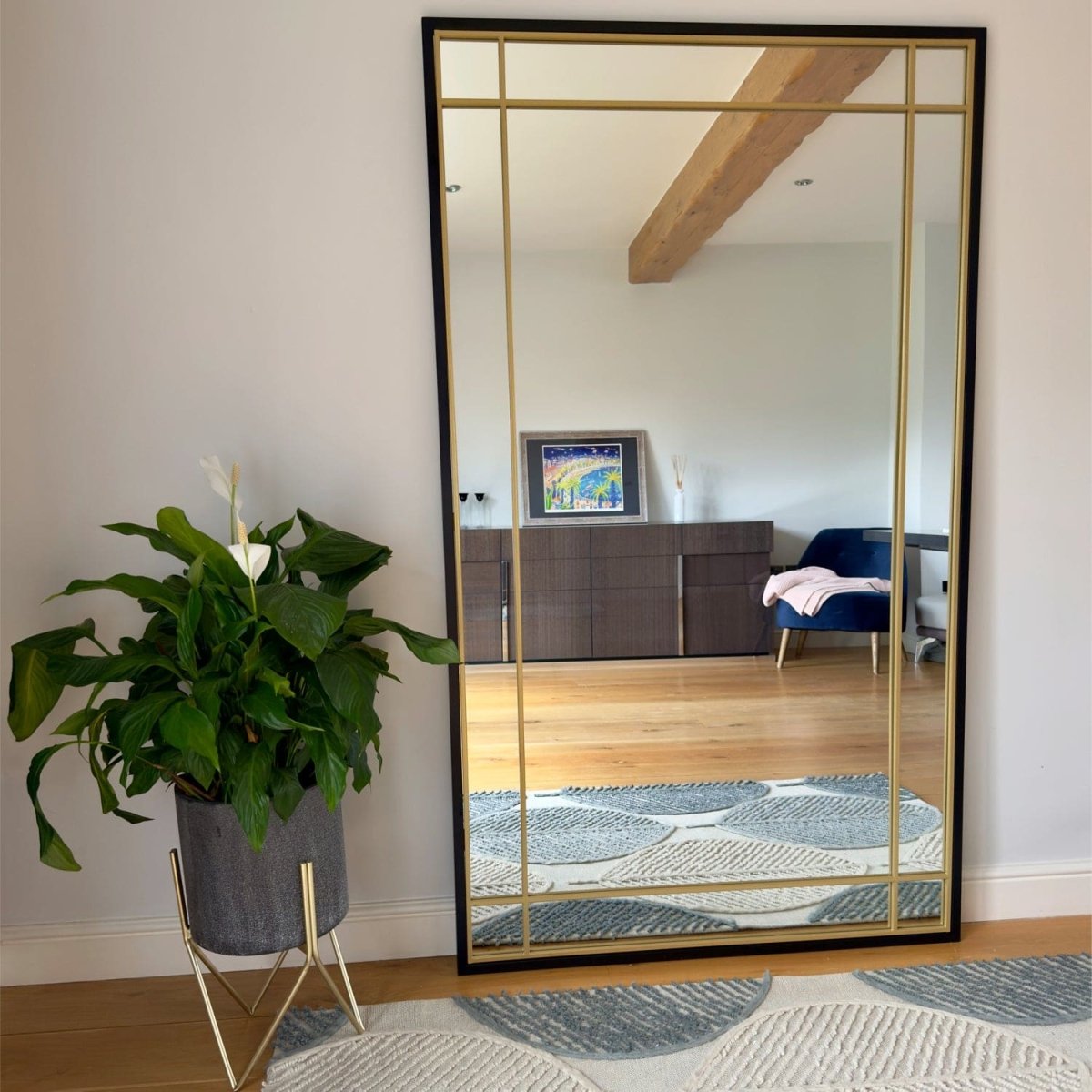 Aimi - Full Length Black & Gold Metal Rectangle Window Mirror - 180cm x 105cm. - Zestio