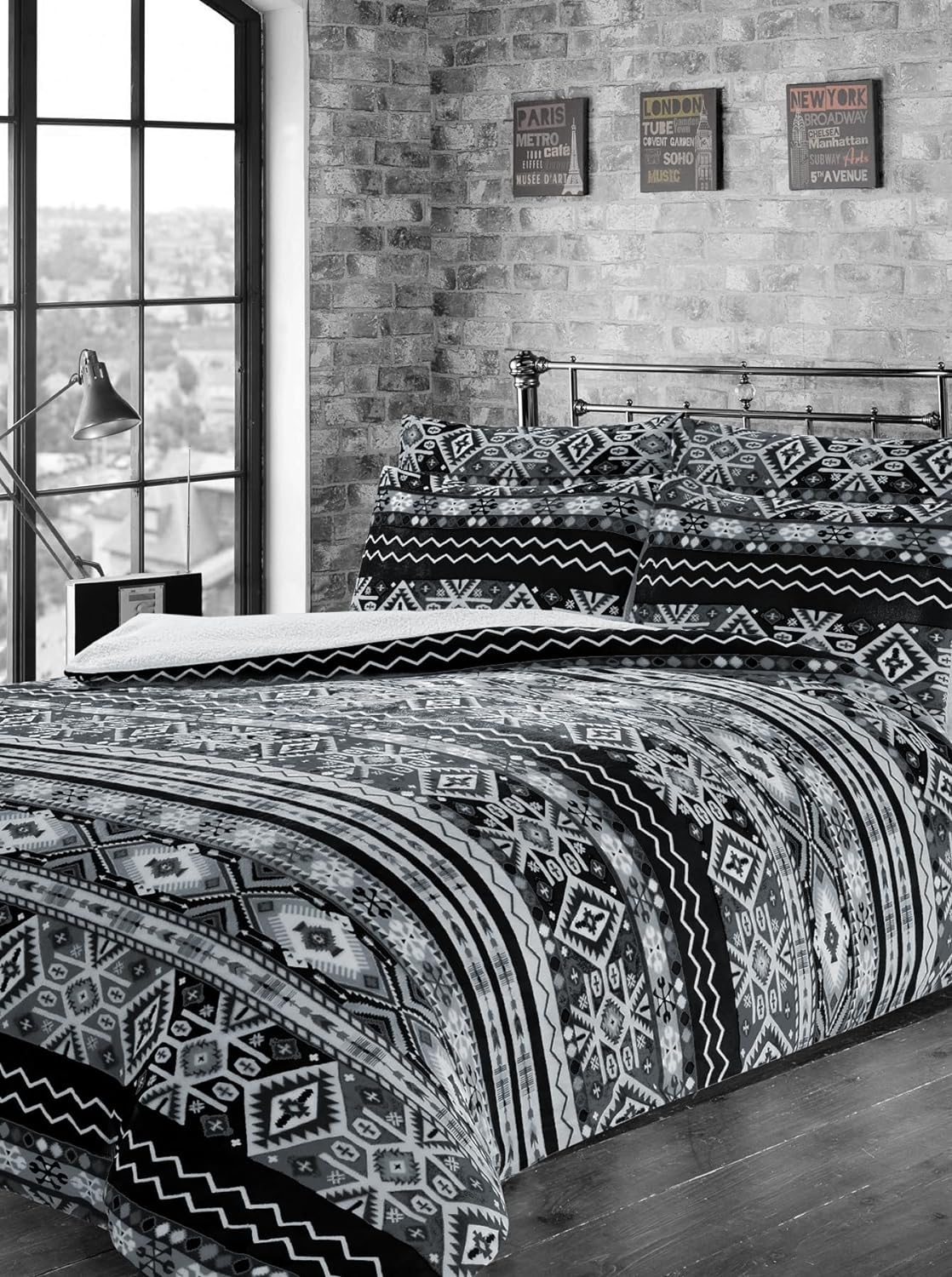 OLIVIA ROCCO Aztec Print Teddy Duvet Set With Reversible Sherpa Fleece Fur Luxurious Winter Comfort Single Double King Sizes