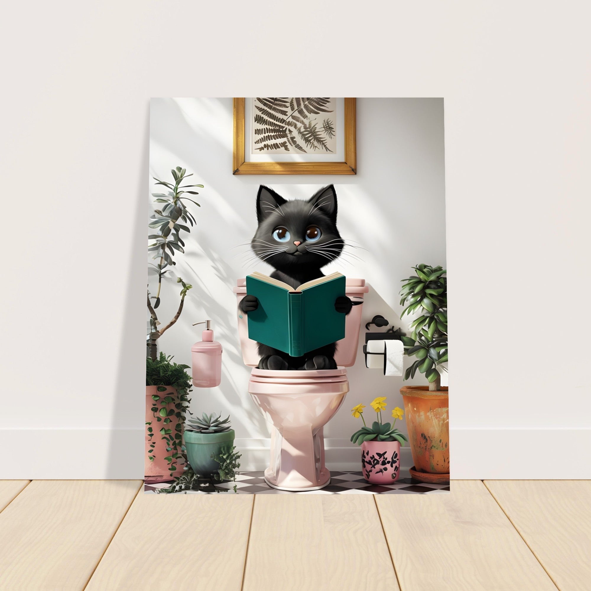 Charming Black Cat on Pink Toilet Poster - Cute Art for Cat Lovers