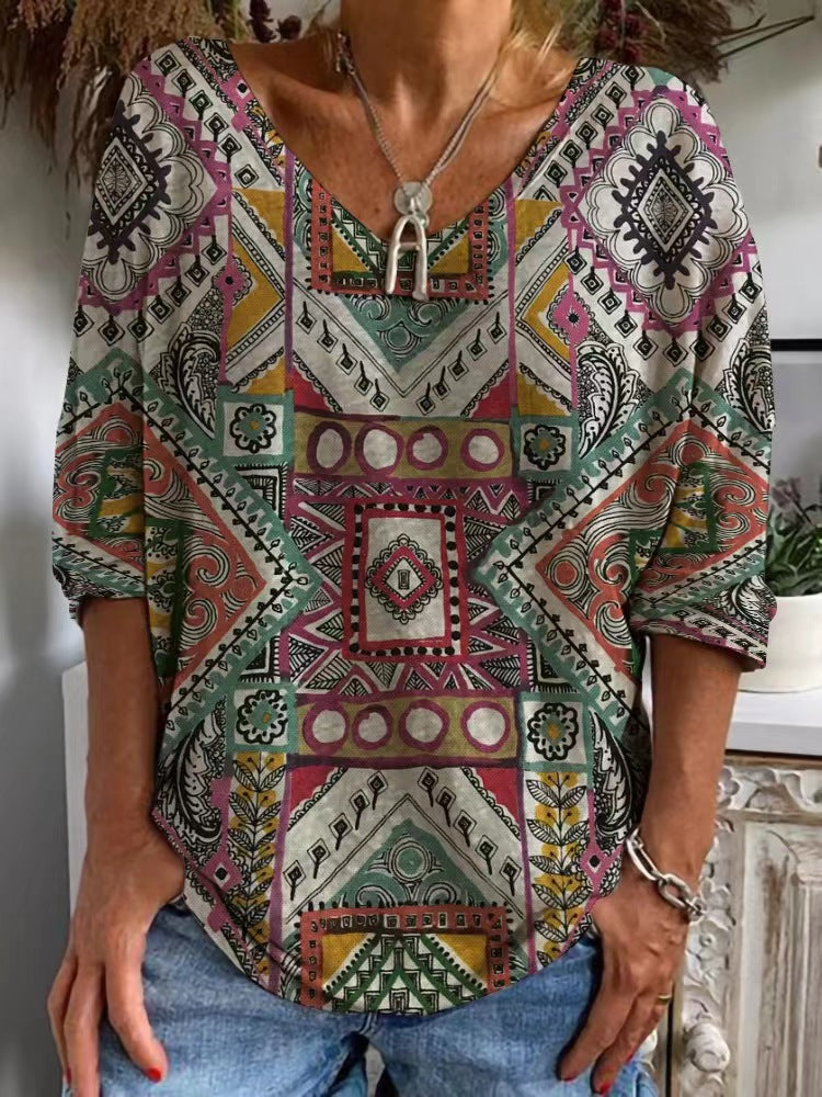 Womens Loose-fitting Geometric-print V-neck Long-sleeve Top