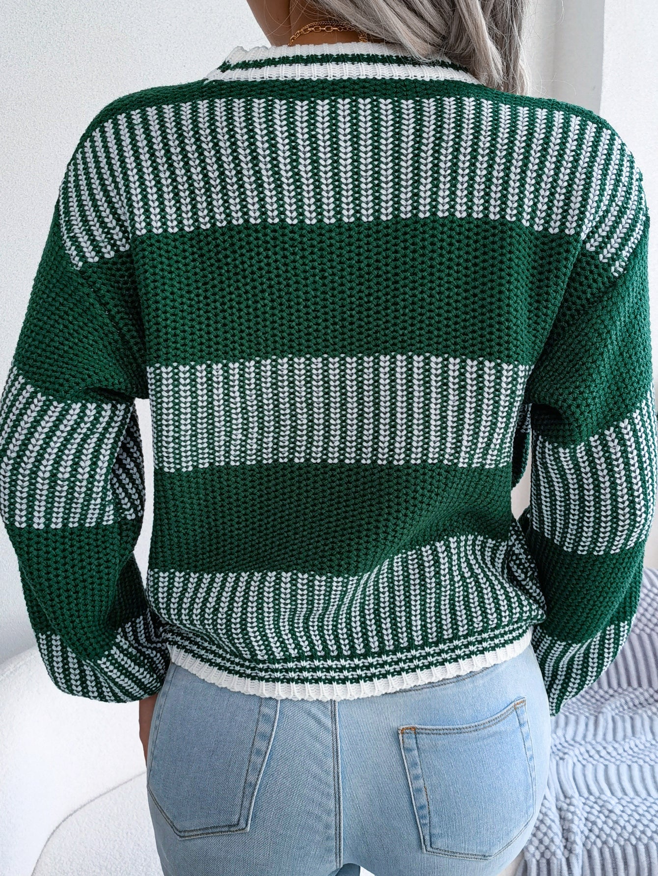 Women Casual Color Block Stripe Long Sleeve Knit Sweater