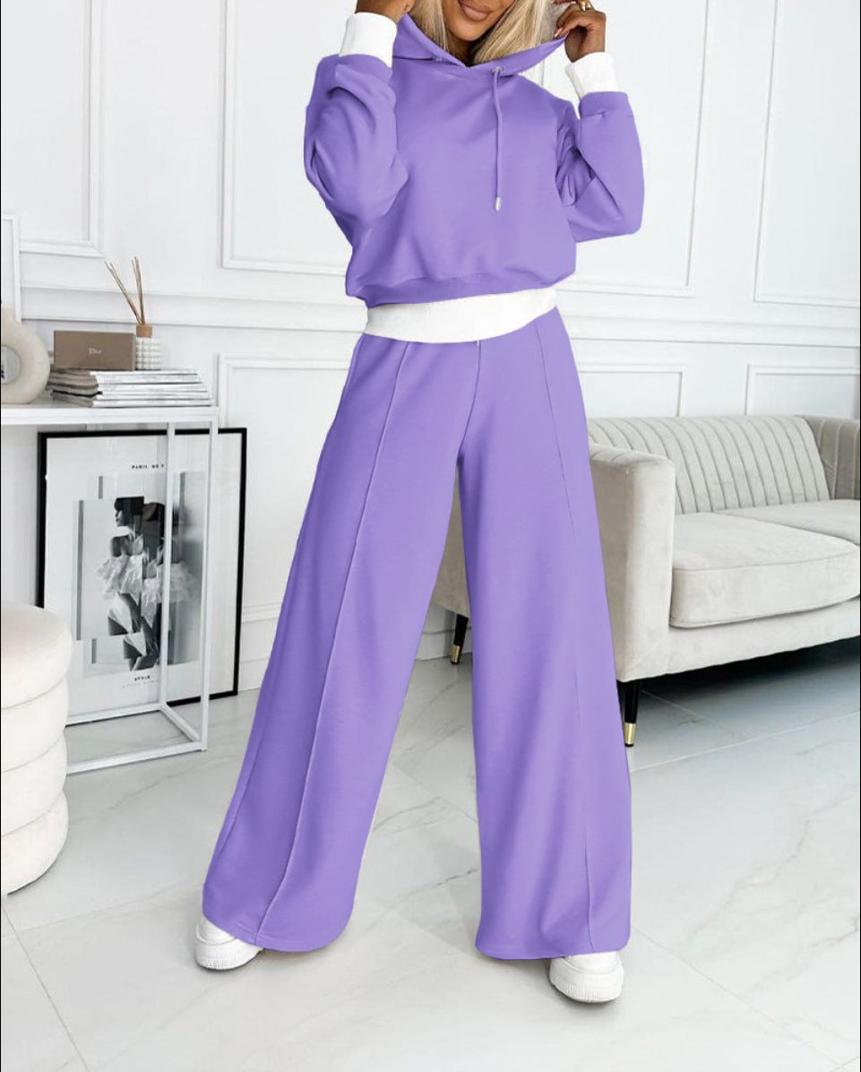 Women's Hoodie Suit Sporty Casual Long-Sleeved Hooded Sweatshirt And Drawstring Pocket Sweatpants Fashion Commuter Trousers Set Outfit Clothing