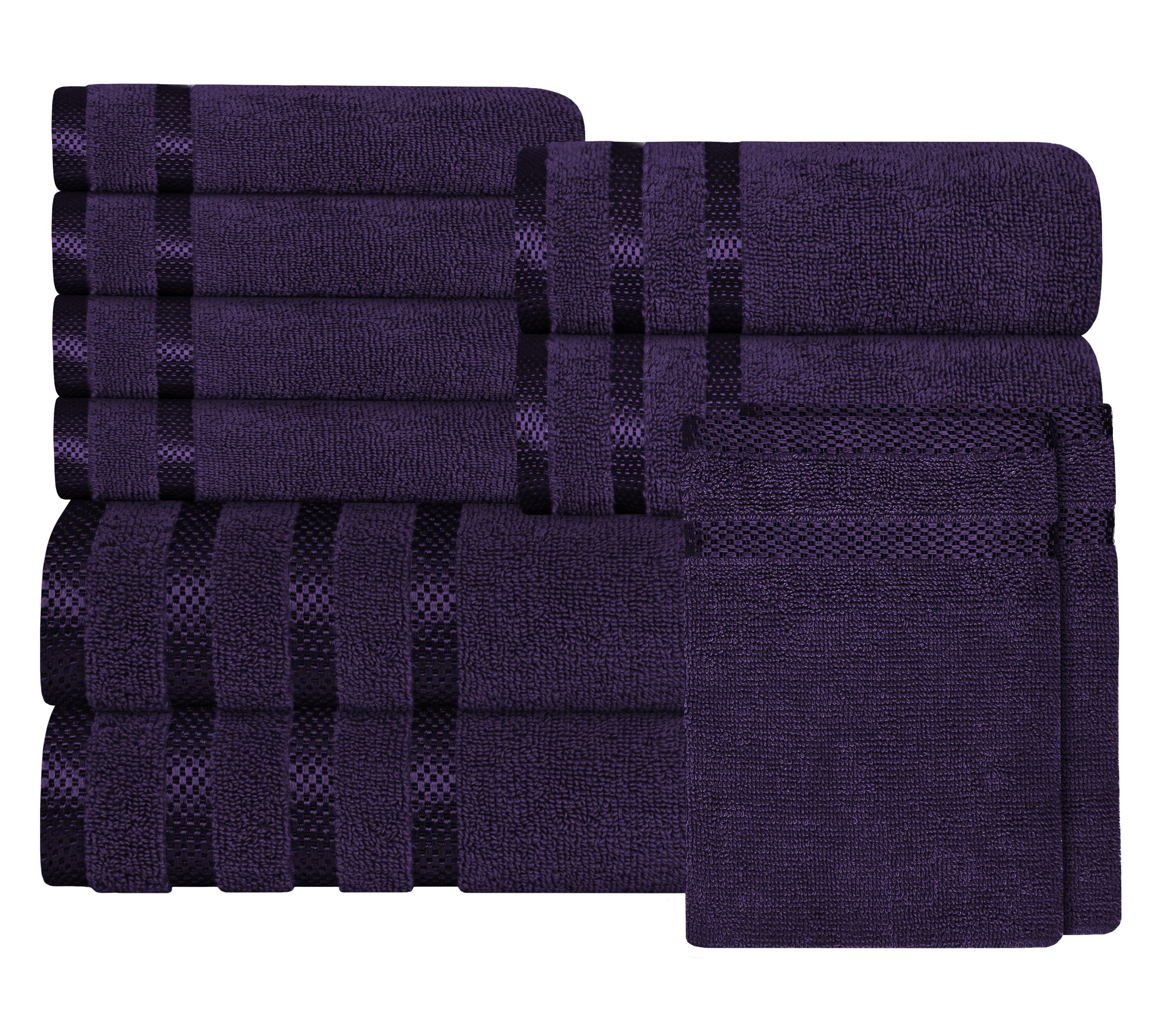 OLIVIA ROCCO Belmont Viscose Stripe Purple Towels 100 Percent Cotton Hotel Quality Super Absorbent 10 Piece Bale Set 4 Hand Towels 12 Face Cloths