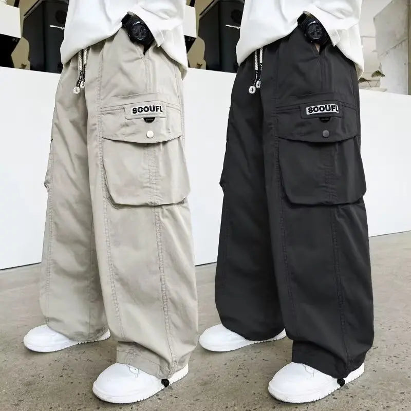 Boys Loose Cargo Pants – Autumn Cotton Blend Trousers for Kids 110-170 cm, Streetwear Style Black or Beige
