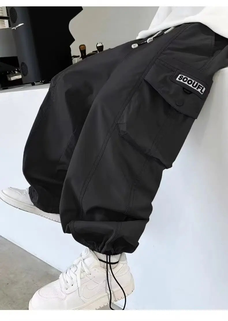 Boys Loose Cargo Pants – Autumn Cotton Blend Trousers for Kids 110-170 cm, Streetwear Style Black or Beige