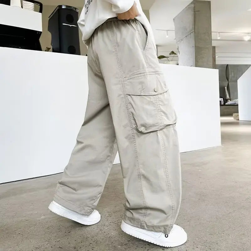 Boys Loose Cargo Pants – Autumn Cotton Blend Trousers for Kids 110-170 cm, Streetwear Style Black or Beige