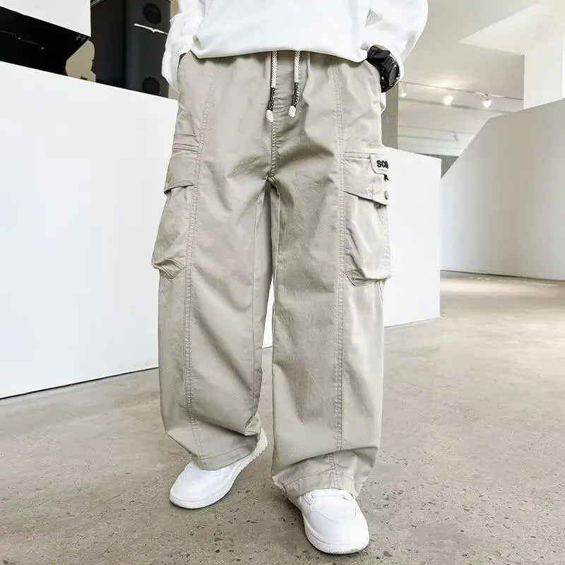 Boys Loose Cargo Pants – Autumn Cotton Blend Trousers for Kids 110-170 cm, Streetwear Style Black or Beige