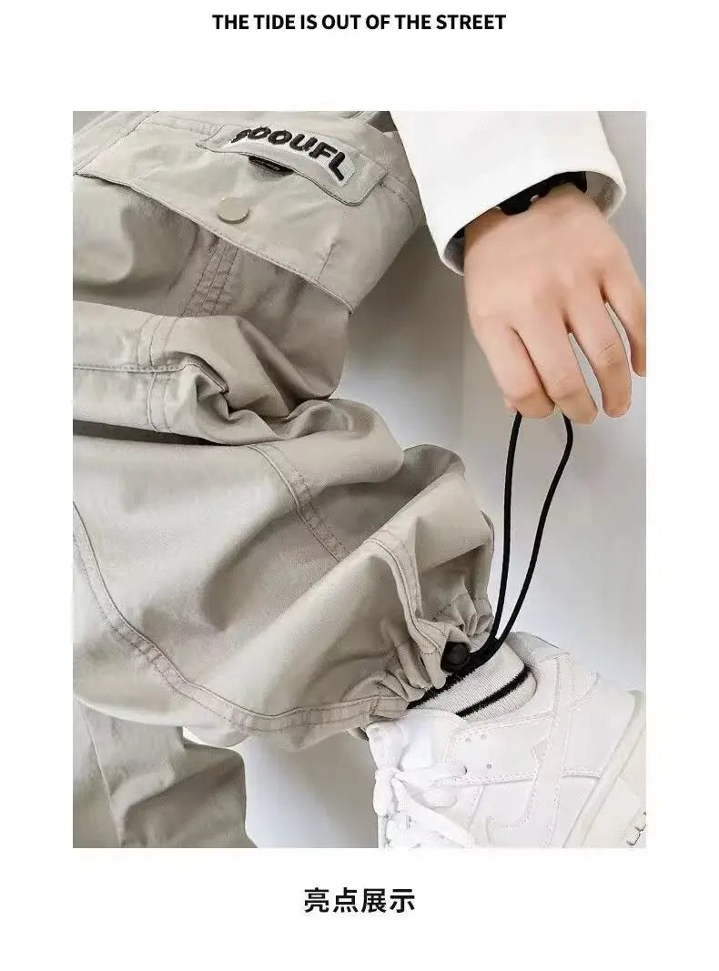 Boys Loose Cargo Pants – Autumn Cotton Blend Trousers for Kids 110-170 cm, Streetwear Style Black or Beige