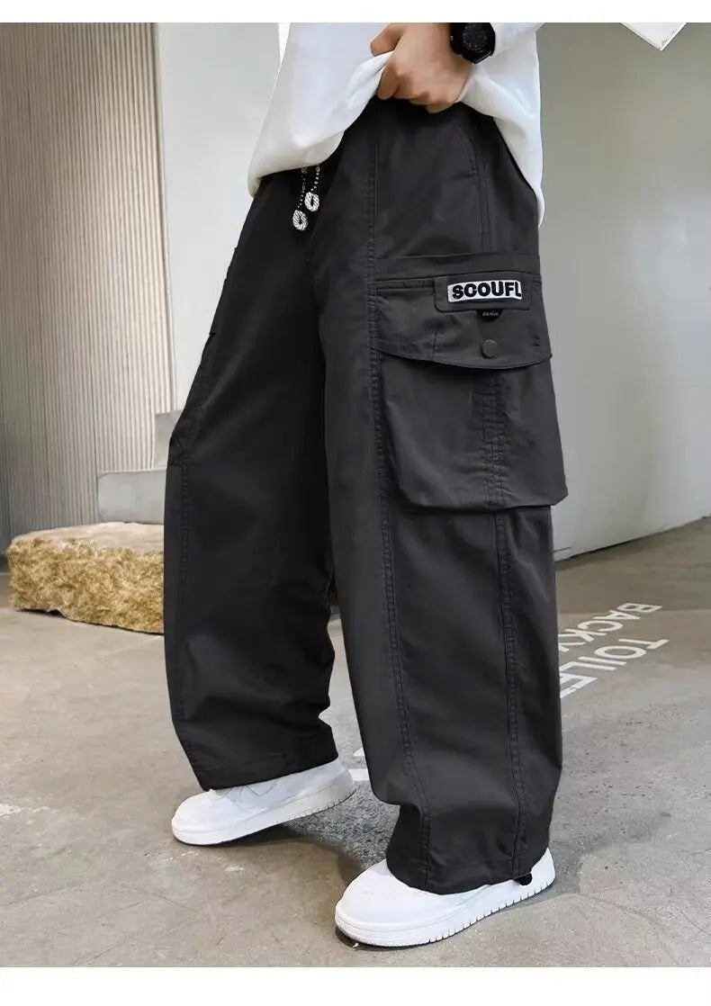 Boys Loose Cargo Pants – Autumn Cotton Blend Trousers for Kids 110-170 cm, Streetwear Style Black or Beige
