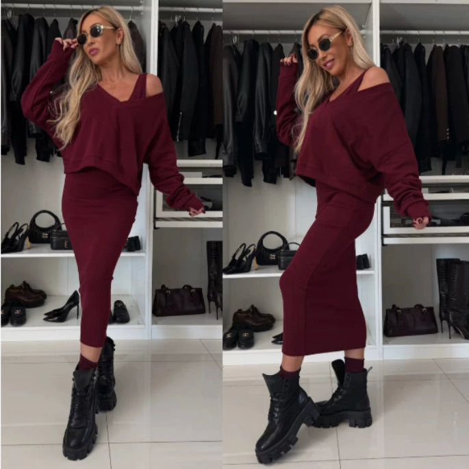 Women's Two Piece Dress Suit Fashion Long-sleeved V-neck Pullover Sweatshirt And Sleeveless Dresses Set