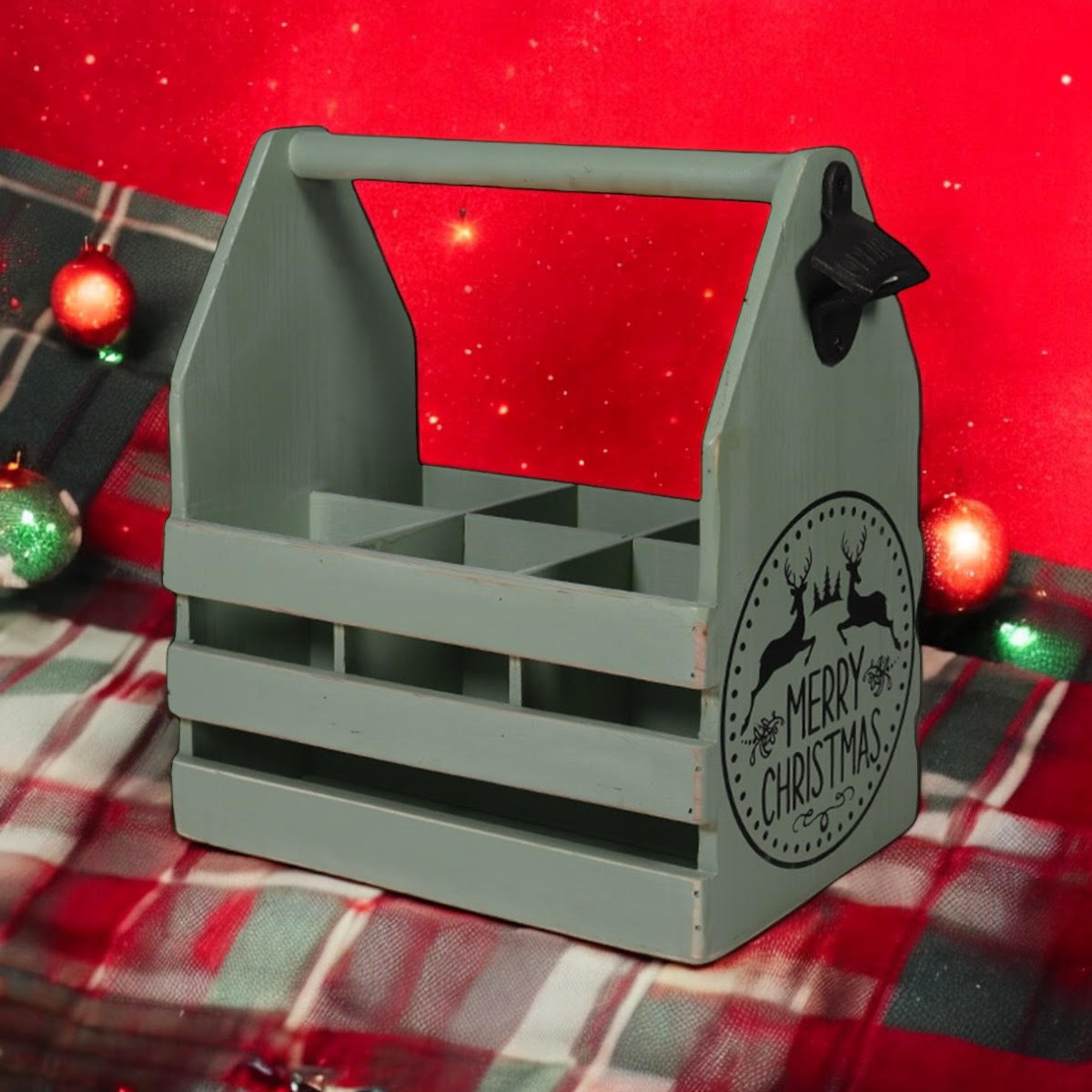 RUSTIC GREEN 6 BOTTLE HOLDER WITH OPENER