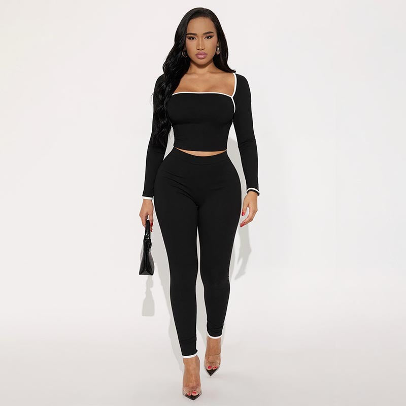 Stitching Color-contrasting Stripe Long Sleeve Top Slim Trousers Suit