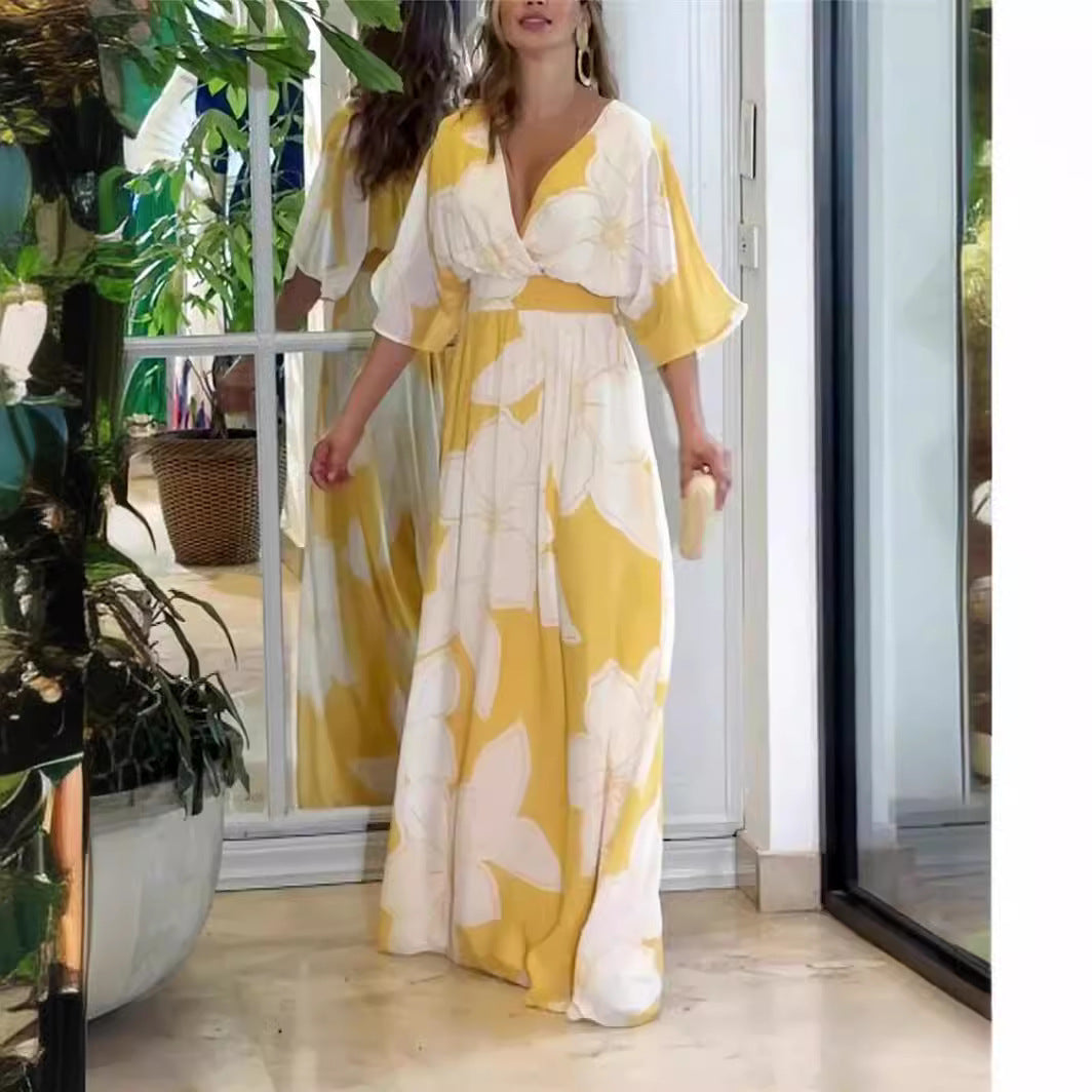 Flower Printed V-neck Batwing-sleeved Dress Fashion Elegant Backless Long Dresses Women's Clothing