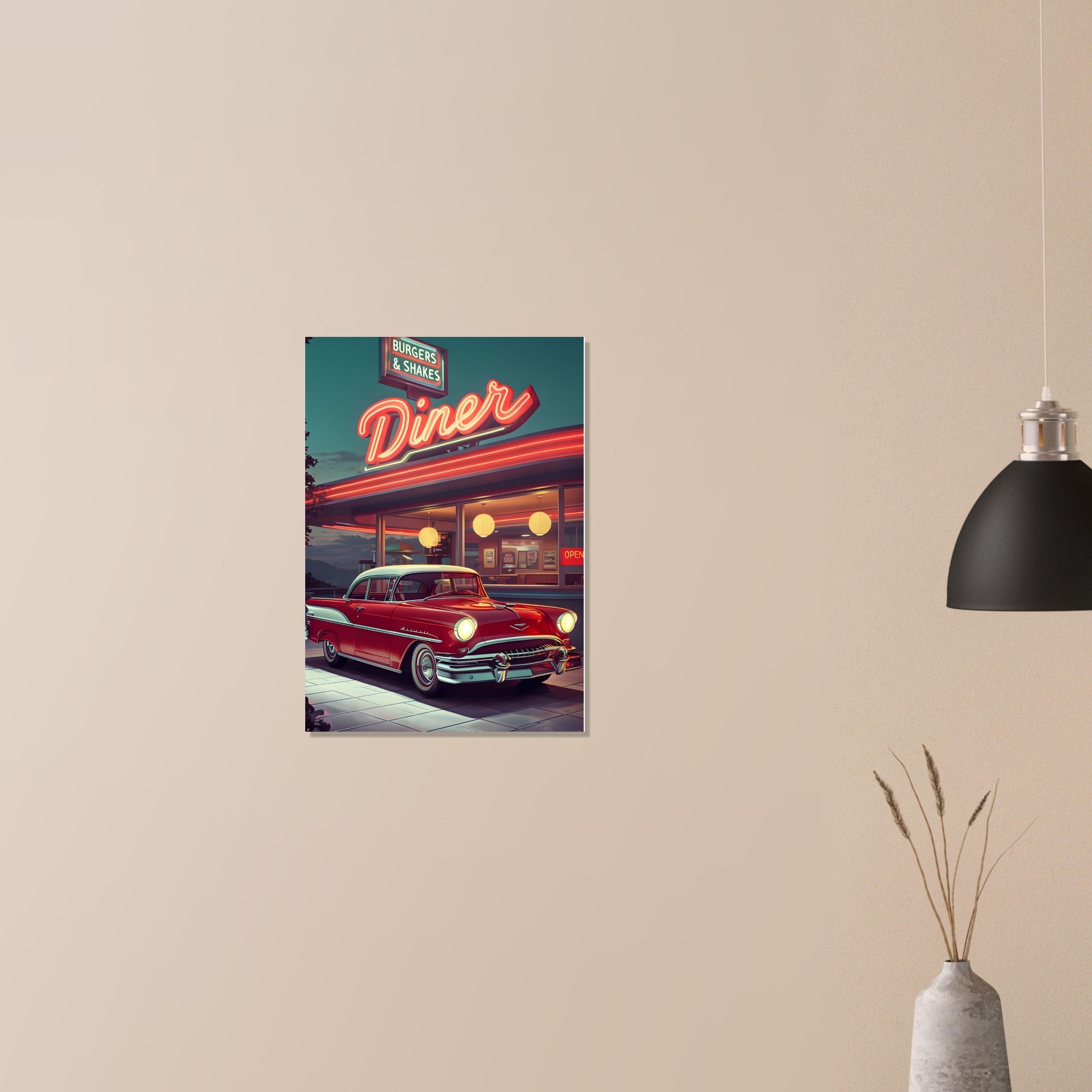 Vintage Red Car and Retro Diner Poster - Classic Americana Wall Art on Semi-Glossy Paper