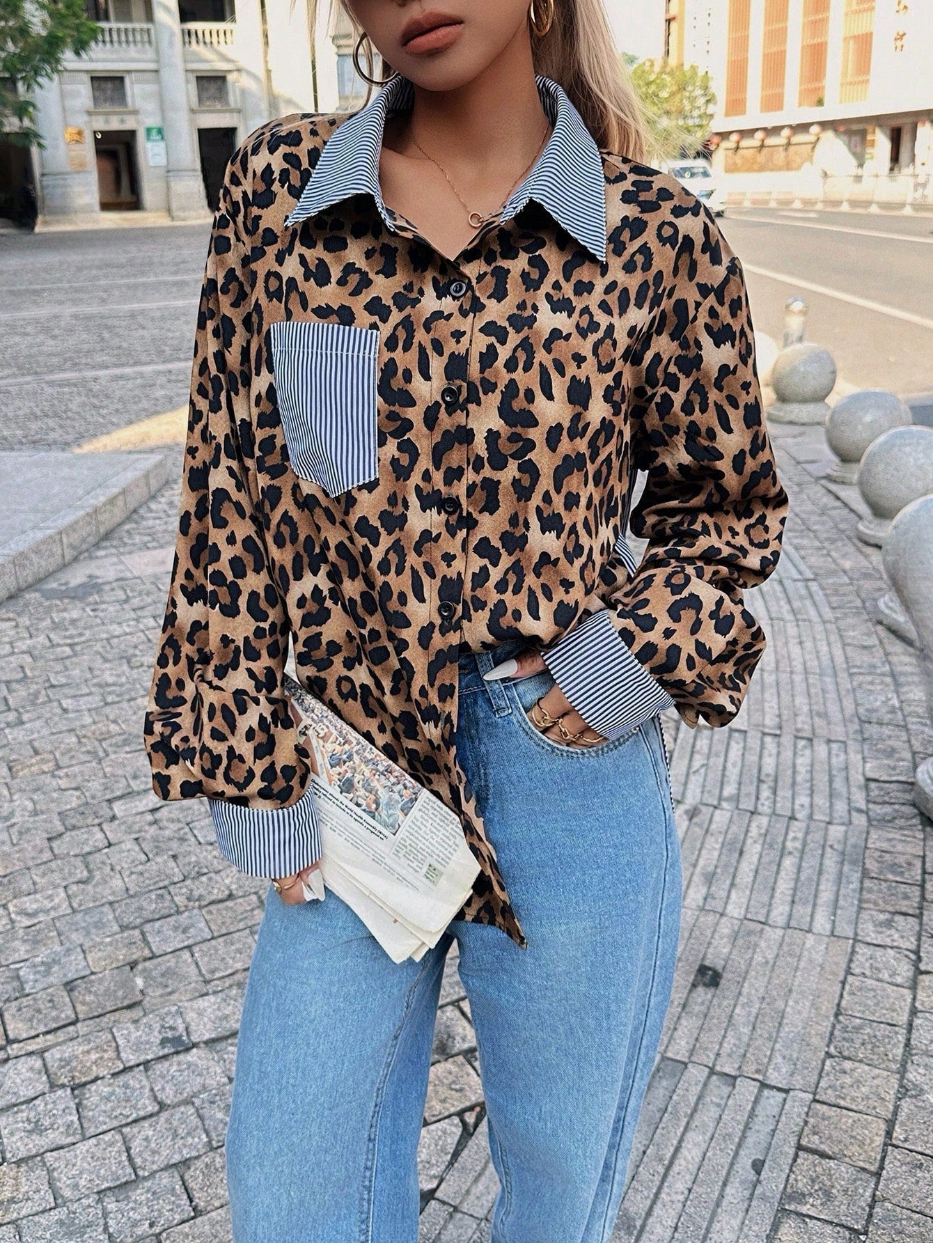 INS Leopard Striped Patchwork Shirt Fashion Casual Long-sleeved Button Lapel Top Women's Clothing