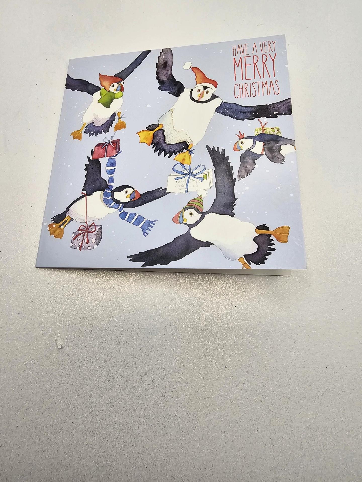 flying puffins xmas card pack 6
