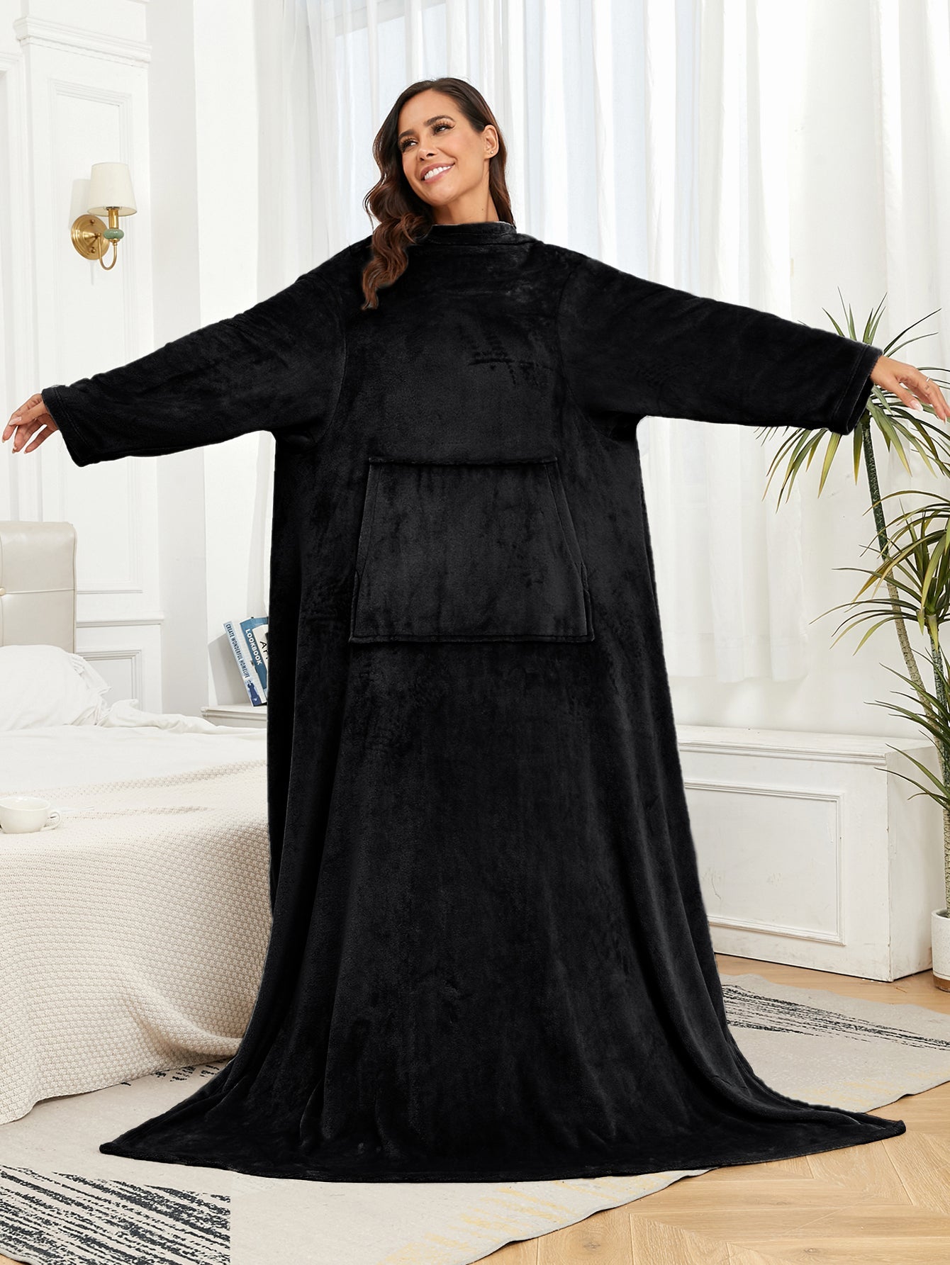 RONGTAI Fleece Wearable Blanket With Sleeve And Pocket For Adults, Cozy Warm Full Body Wrap Throws Blanket Robe, Navy, Oversized