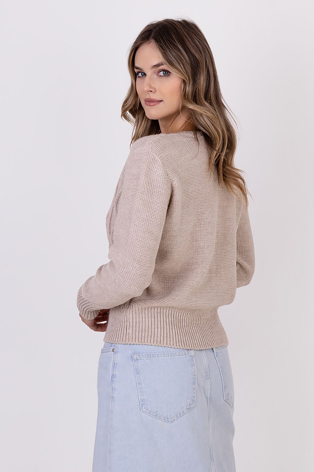 MKM Elegant Hip-Length Cardigan With Round Neckline & Decorative Weaves - 90% Acrylic, 10% Wool