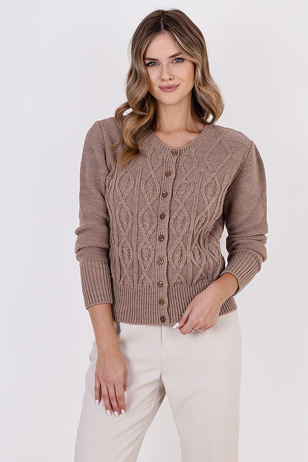 MKM Elegant Hip-Length Cardigan With Round Neckline & Decorative Weaves - 90% Acrylic, 10% Wool