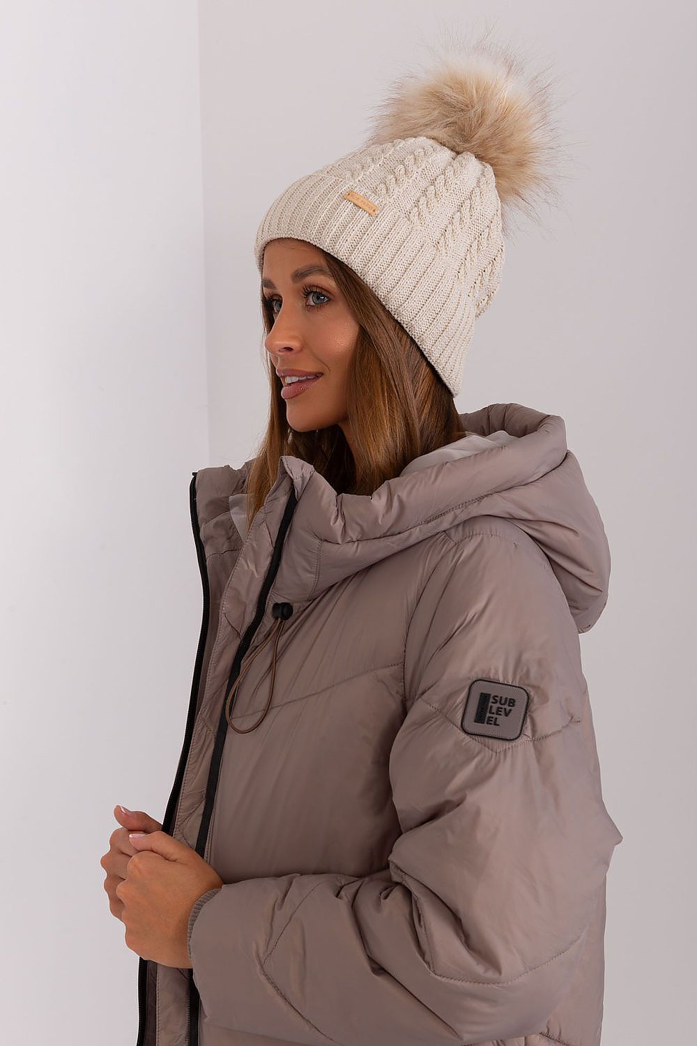 Luxury Women's Winter Beanie With Turn-Up, Plaid Weave And Pom-Pom, 70% Acrylic 30% Wool
