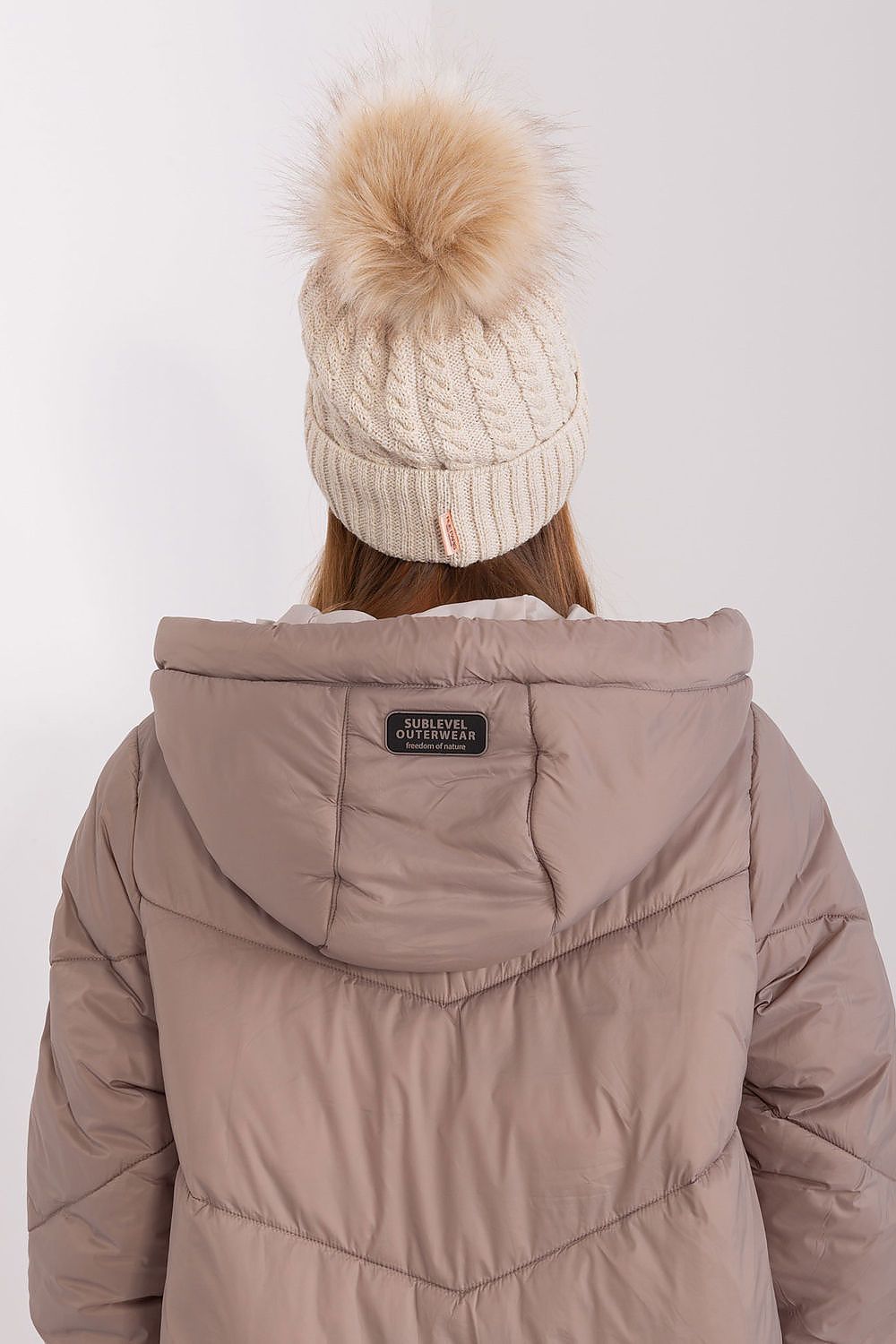 Luxury Women's Winter Beanie With Turn-Up, Plaid Weave And Pom-Pom, 70% Acrylic 30% Wool