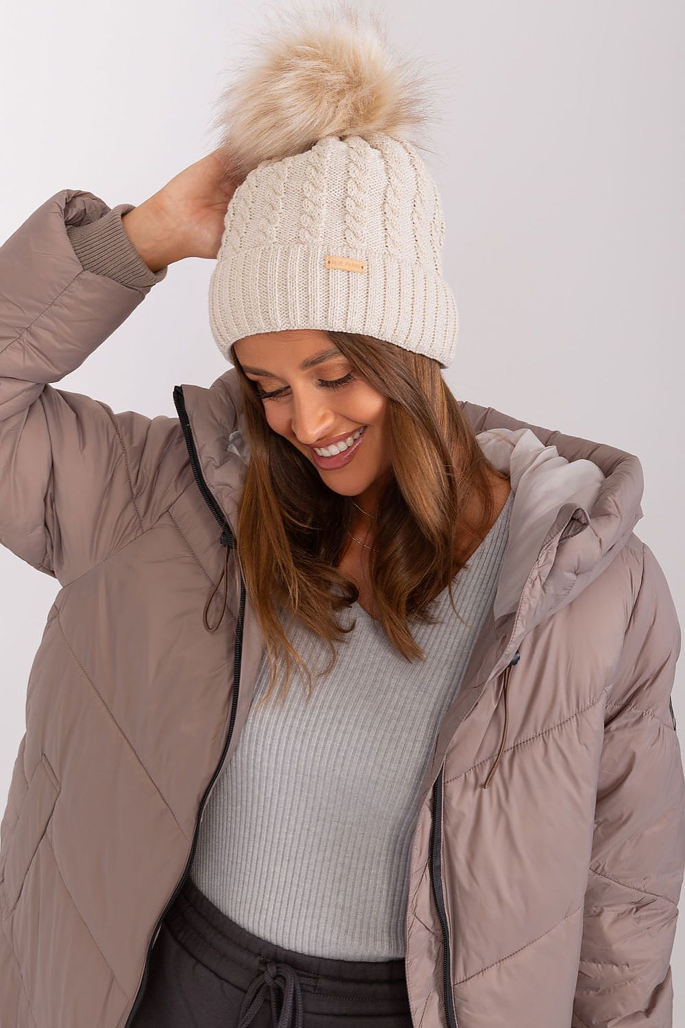Luxury Women's Winter Beanie With Turn-Up, Plaid Weave And Pom-Pom, 70% Acrylic 30% Wool