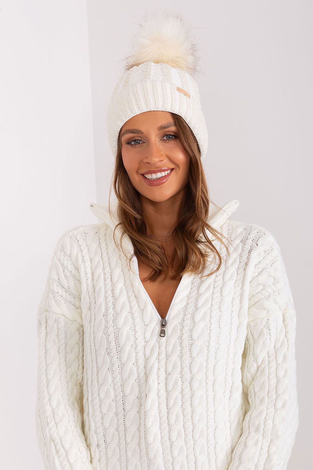 Luxury Women's Winter Beanie With Turn-Up, Plaid Weave And Pom-Pom, 70% Acrylic 30% Wool