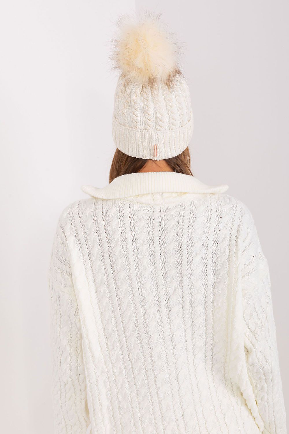 Luxury Women's Winter Beanie With Turn-Up, Plaid Weave And Pom-Pom, 70% Acrylic 30% Wool