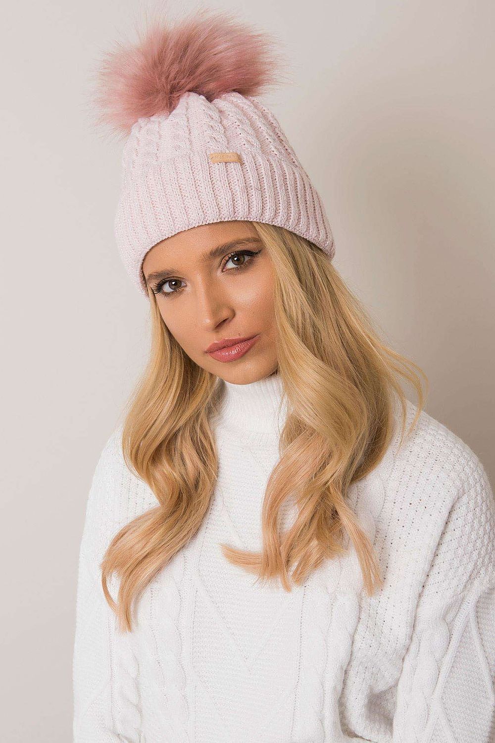 Luxury Women's Winter Beanie With Turn-Up, Plaid Weave And Pom-Pom, 70% Acrylic 30% Wool
