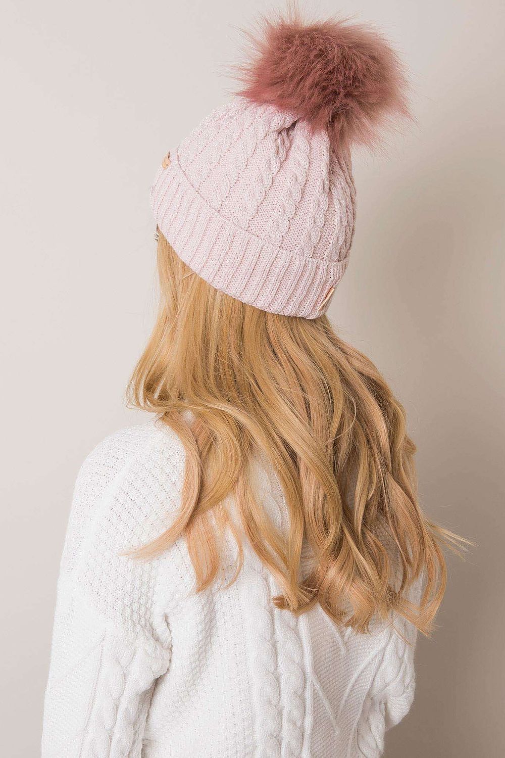 Luxury Women's Winter Beanie With Turn-Up, Plaid Weave And Pom-Pom, 70% Acrylic 30% Wool