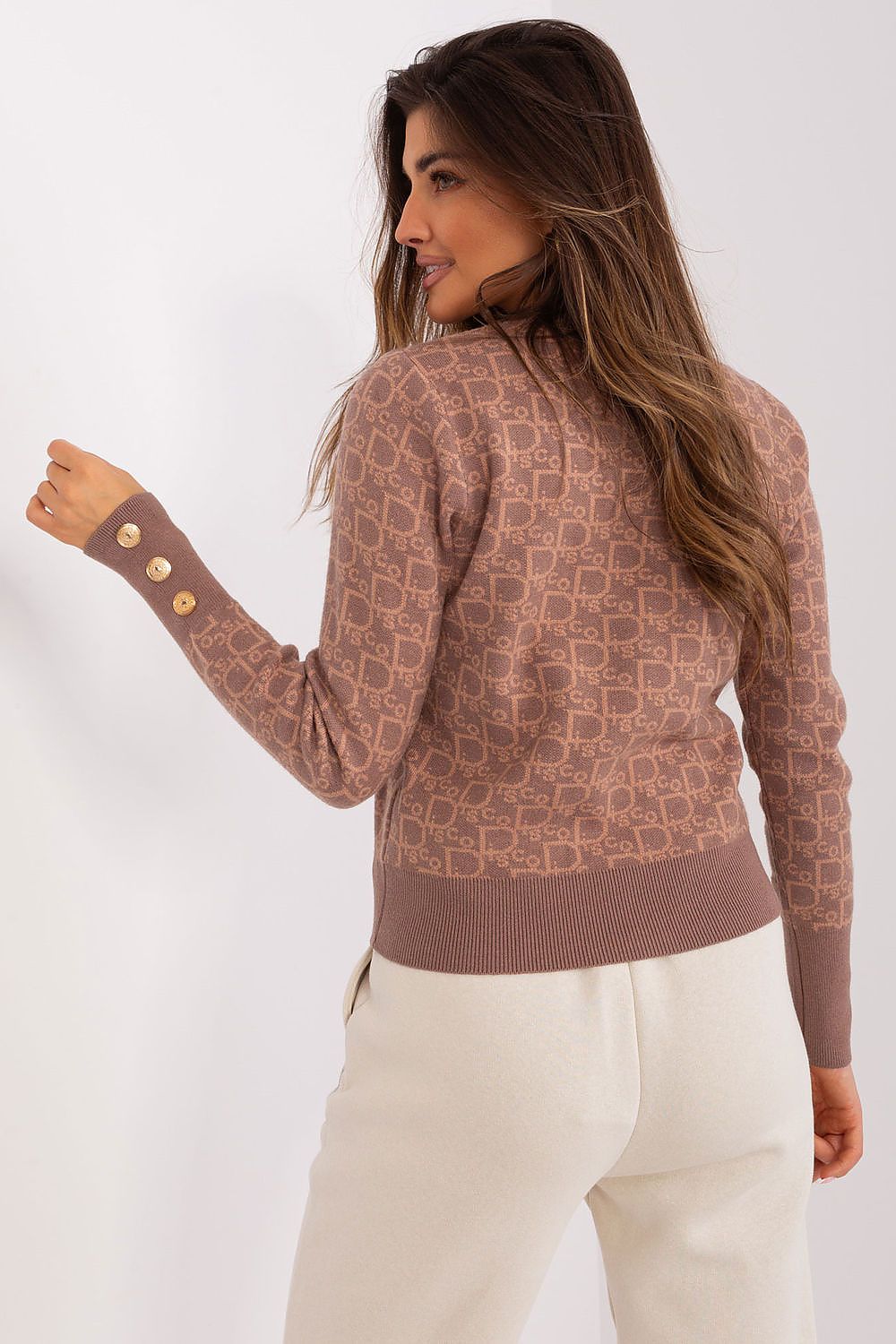 Elegant Long Sleeve Jumper with Decorative Cuffs and Distinctive Print - Classic Round Neck Sweater