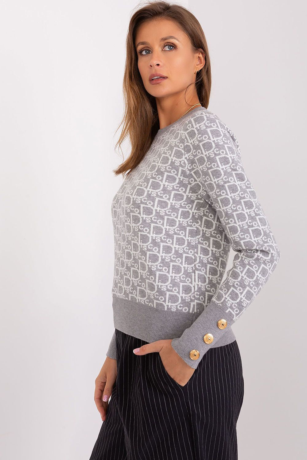 Elegant Long Sleeve Jumper with Decorative Cuffs and Distinctive Print - Classic Round Neck Sweater