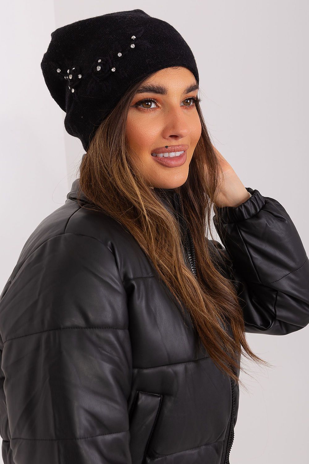Luxury Women's Winter Hat in Smooth Knit with Decorative Applique - 50% Acrylic, 30% Cotton, 20% Cashmere
