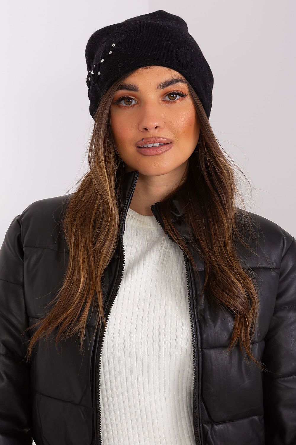 Luxury Women's Winter Hat in Smooth Knit with Decorative Applique - 50% Acrylic, 30% Cotton, 20% Cashmere