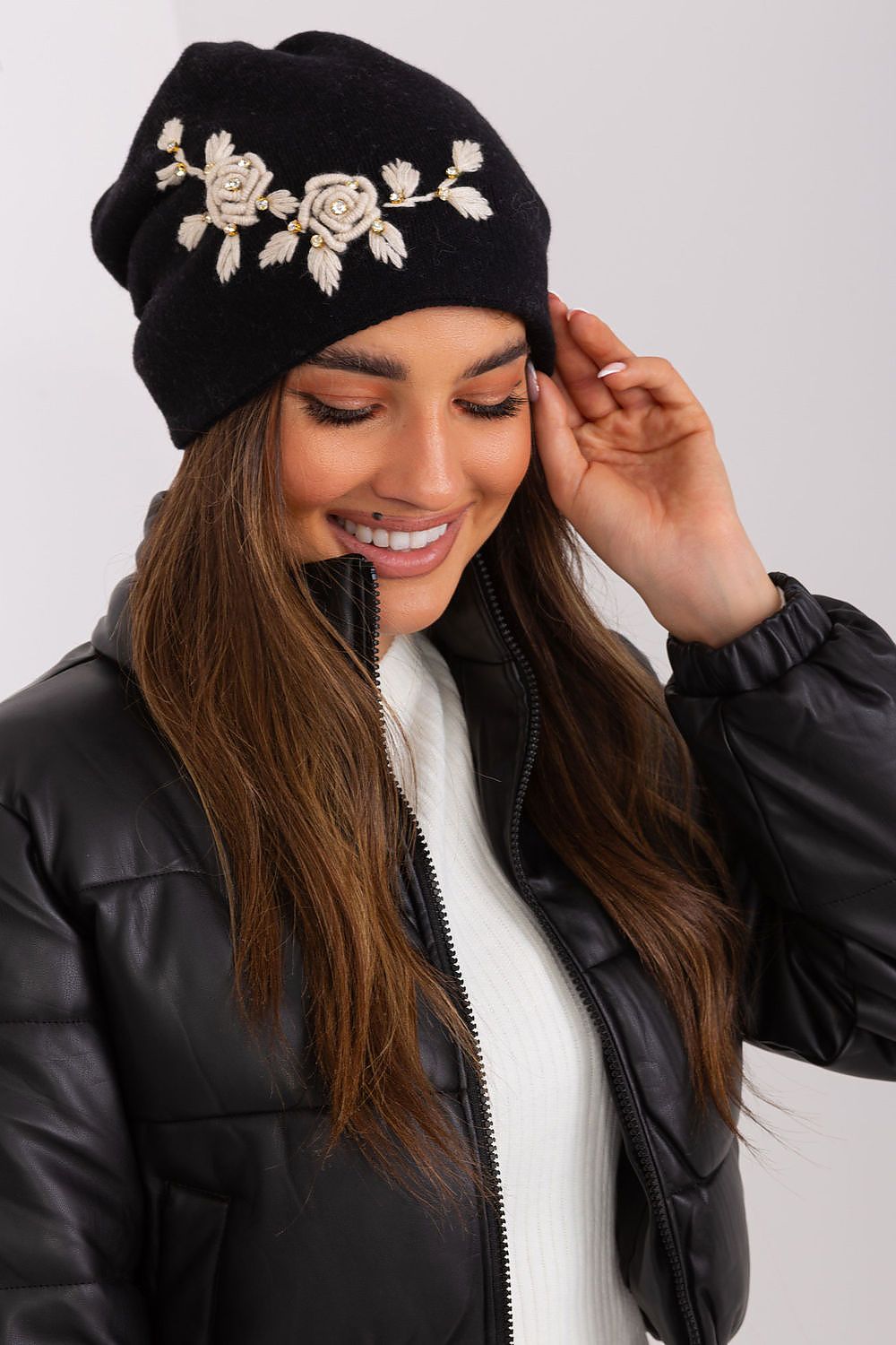 Luxury Women's Winter Hat in Smooth Knit with Decorative Applique - 50% Acrylic, 30% Cotton, 20% Cashmere