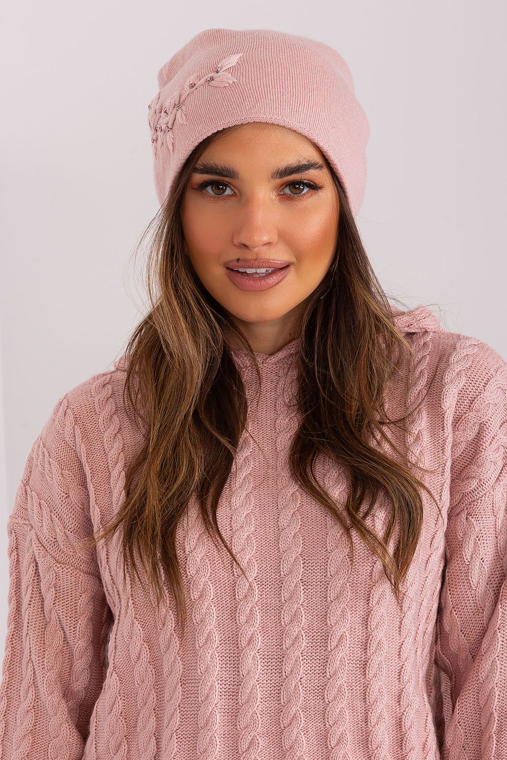 Luxury Women's Winter Hat in Smooth Knit with Decorative Applique - 50% Acrylic, 30% Cotton, 20% Cashmere