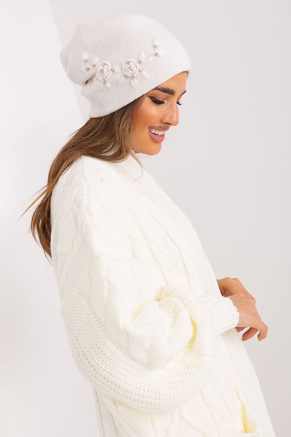 Luxury Women's Winter Hat in Smooth Knit with Decorative Applique - 50% Acrylic, 30% Cotton, 20% Cashmere